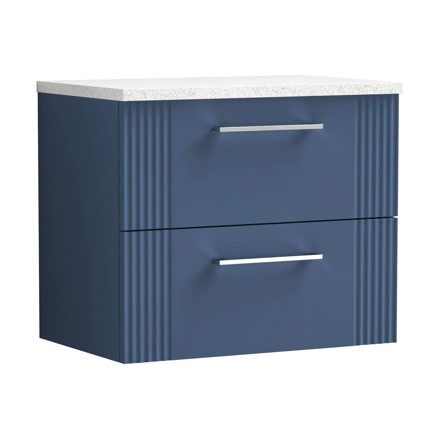 Partial Fluted 2 Drawer Wall Hung Vanity Unit with Sparkling White Laminate Worktop - 600mm - Satin Blue