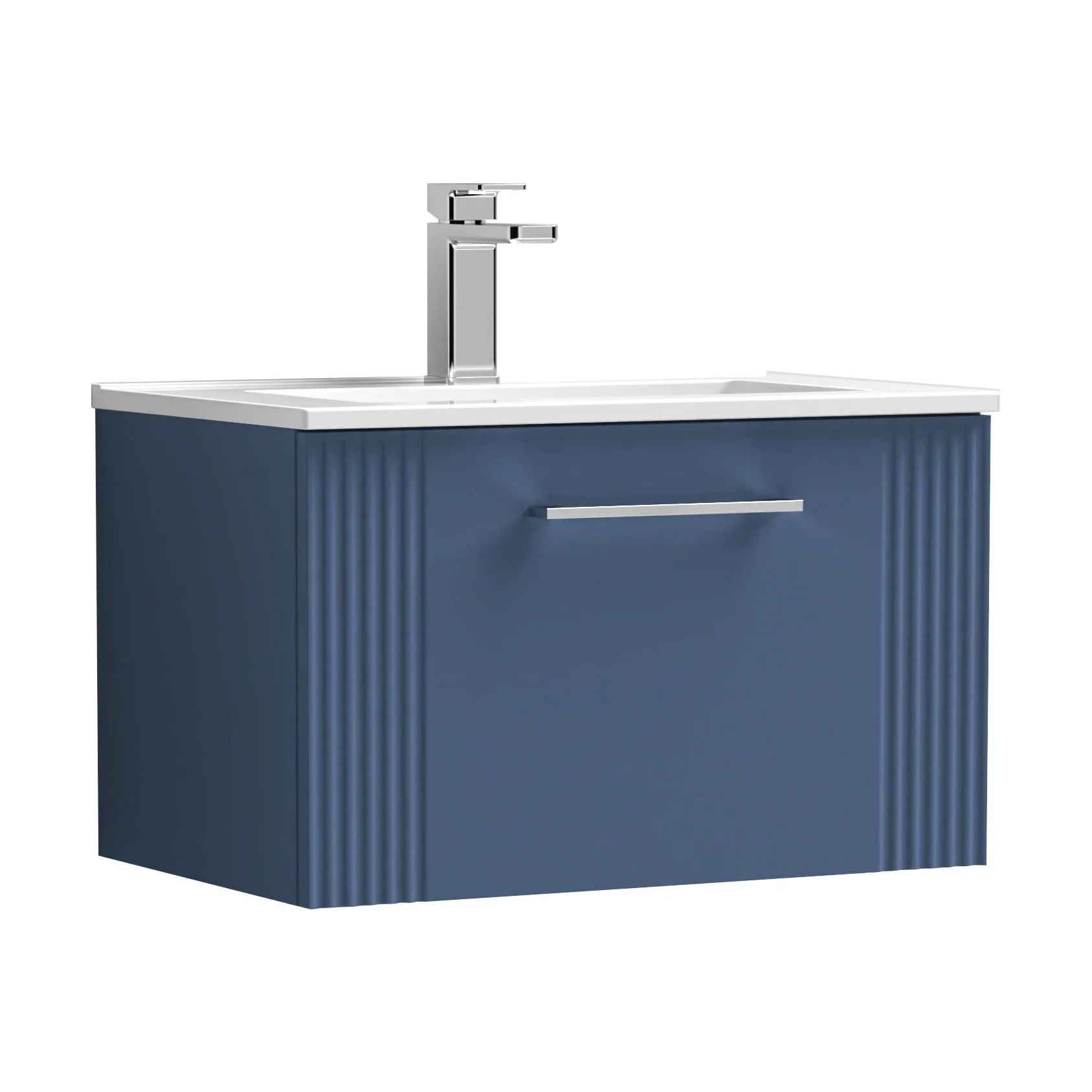 Partial Fluted 1 Drawer Wall Hung Vanity Unit with 1 Tap Hole Minimalist Basin - 600mm - Satin Blue