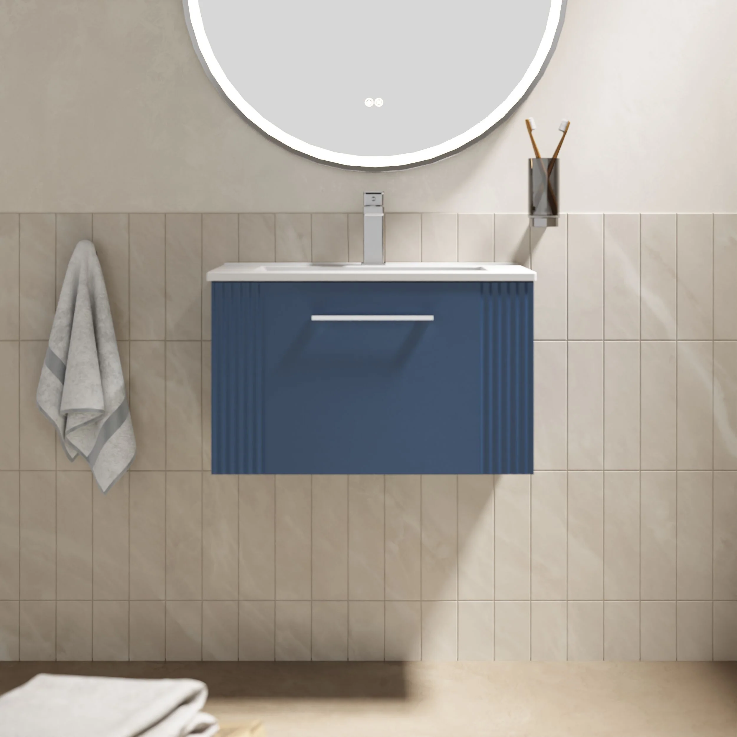 Partial Fluted 1 Drawer Wall Hung Vanity Unit with 1 Tap Hole Minimalist Basin - 600mm - Satin Blue - Image 2