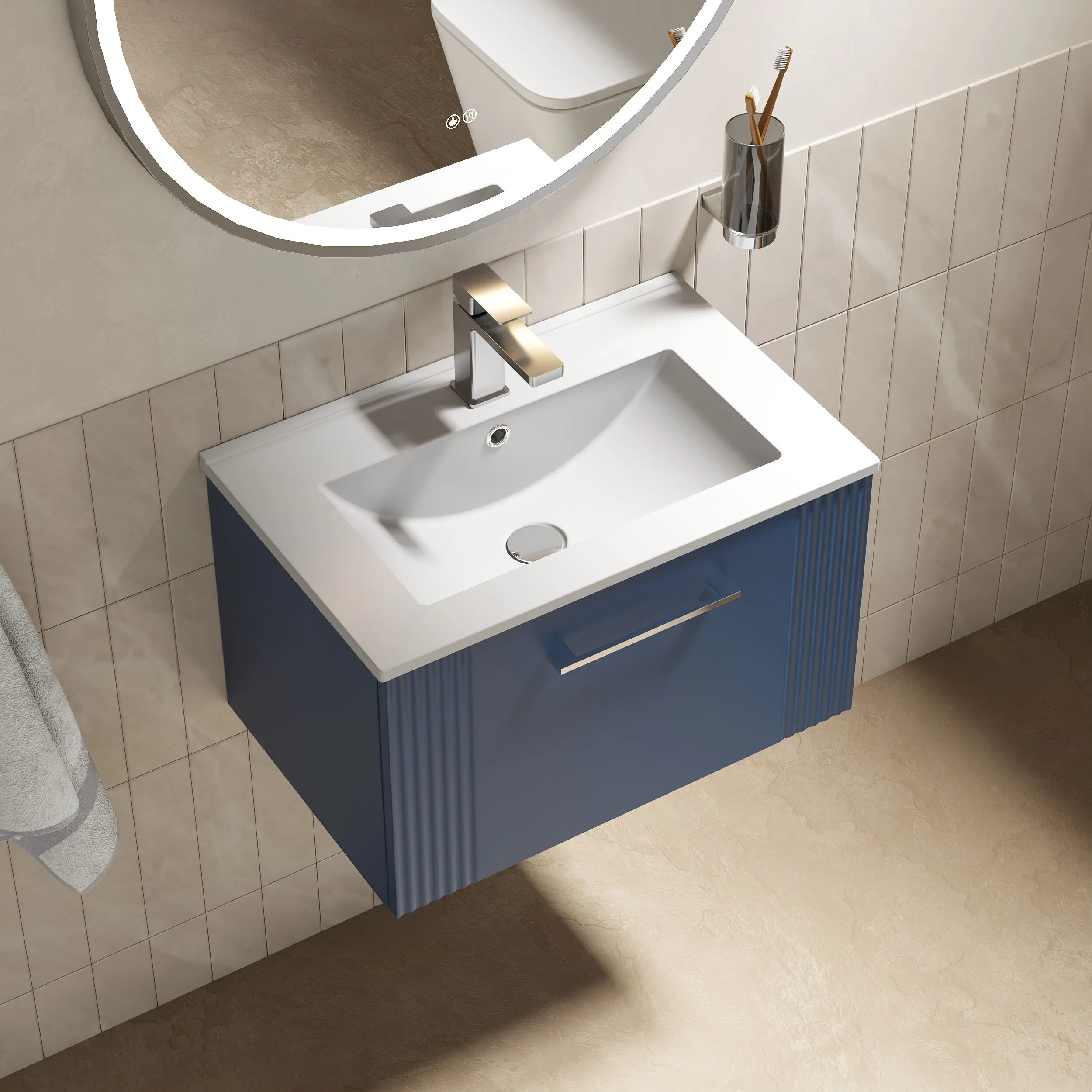 Partial Fluted 1 Drawer Wall Hung Vanity Unit with 1 Tap Hole Minimalist Basin - 600mm - Satin Blue - Image 3