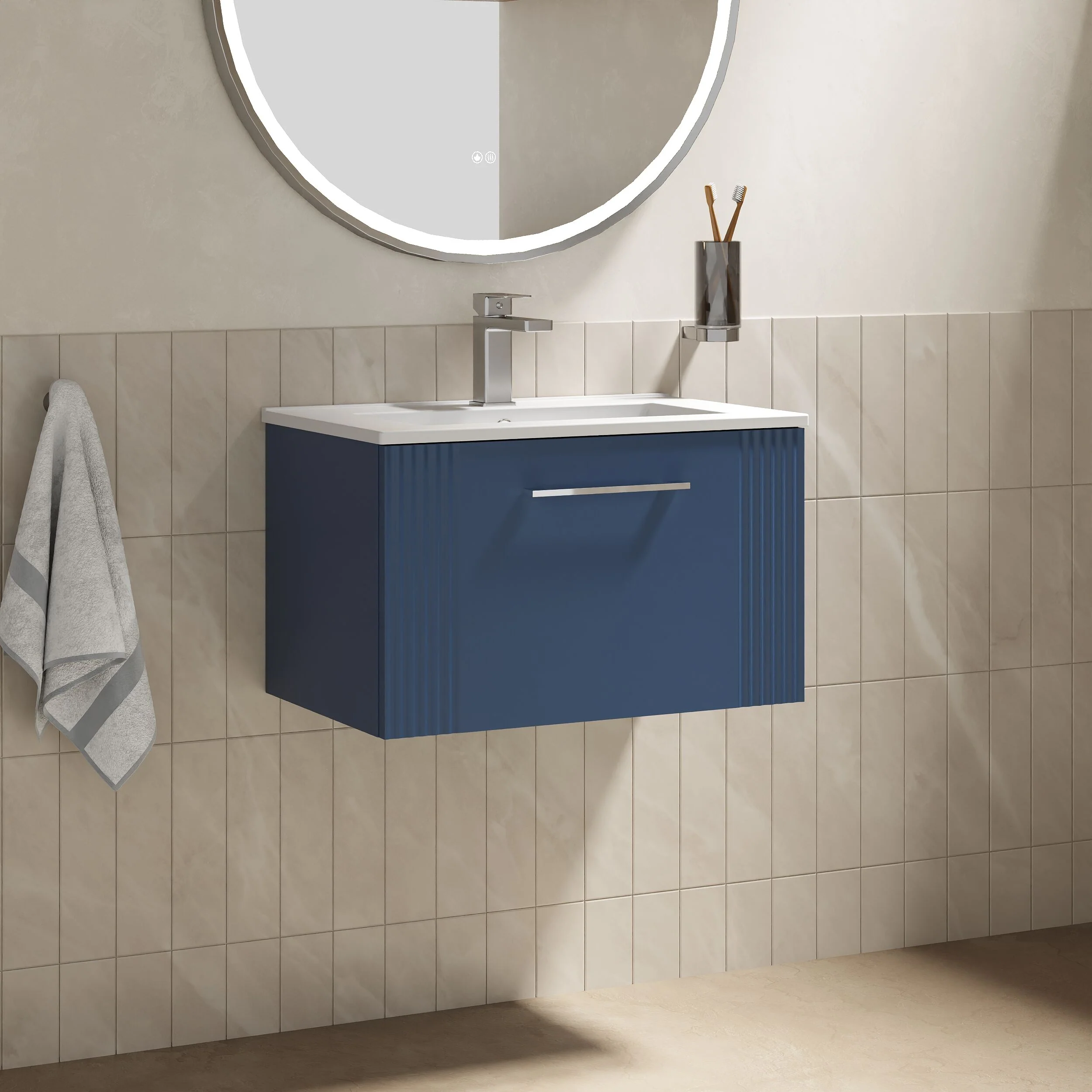 Partial Fluted 1 Drawer Wall Hung Vanity Unit with 1 Tap Hole Minimalist Basin - 600mm - Satin Blue - Image 4