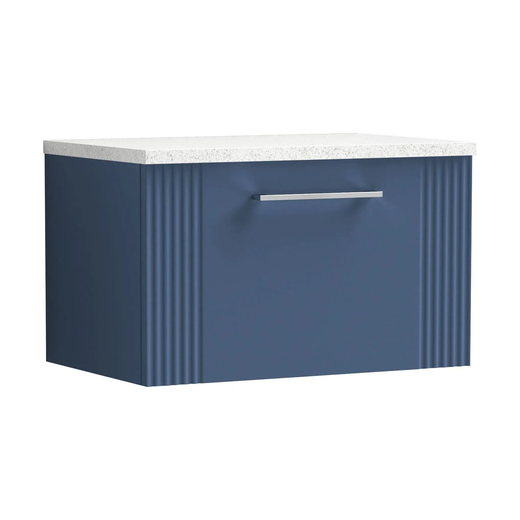 Partial Fluted 1 Drawer Wall Hung Vanity Unit with Sparkling White Laminate Worktop - 600mm - Satin Blue