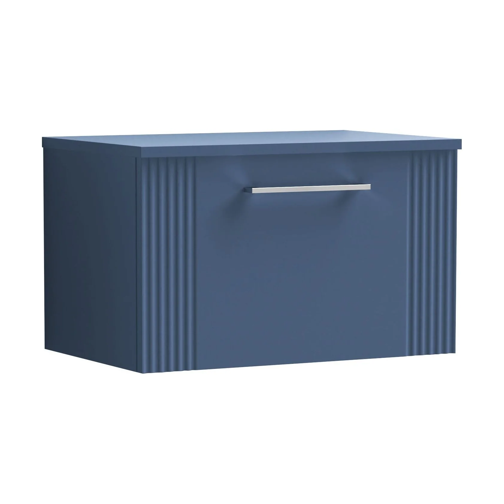 Partial Fluted 1 Drawer Wall Hung Vanity Unit with Colour Coordinating Laminate Worktop - 600mm - Satin Blue