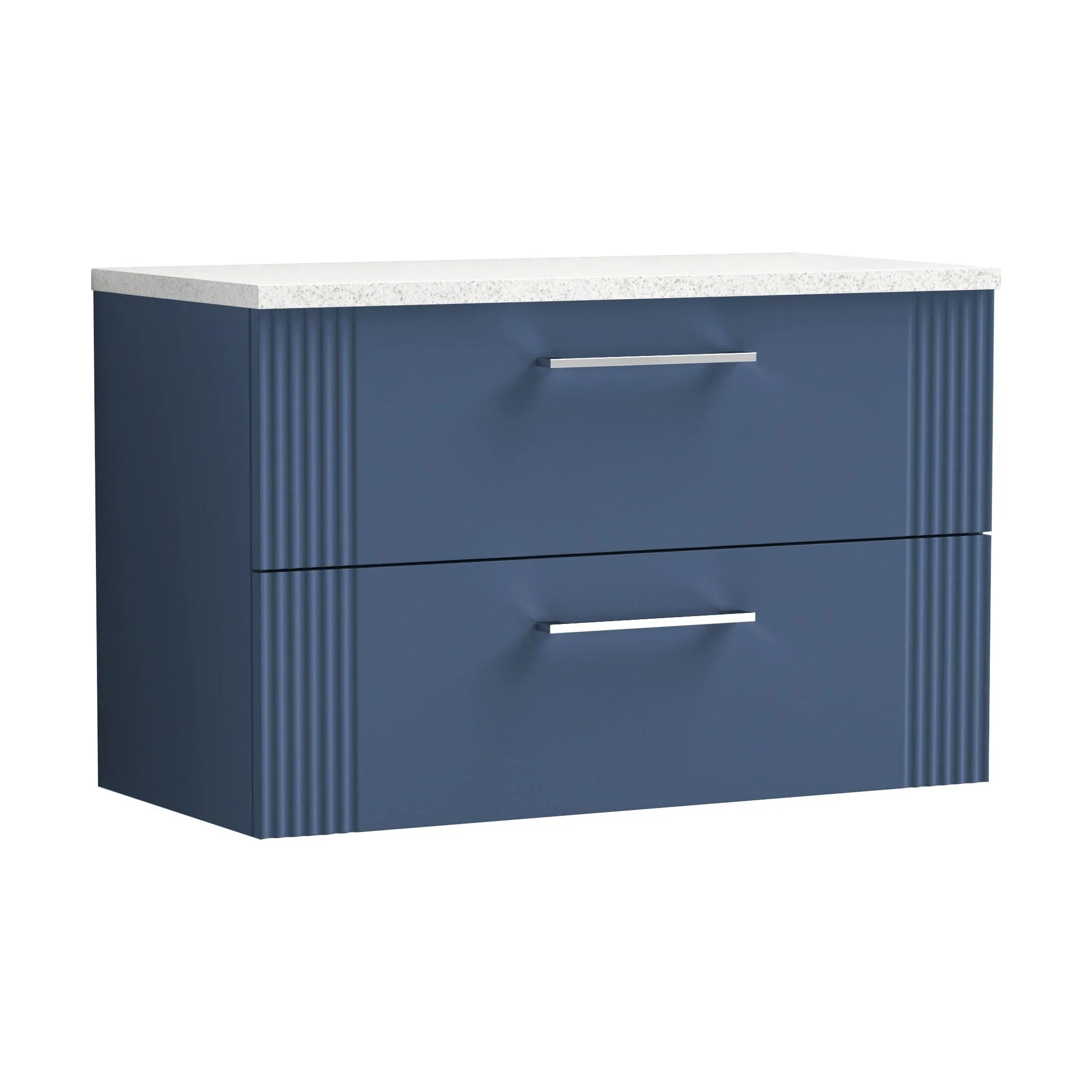 Partial Fluted 2 Drawer Wall Hung Vanity Unit with Sparkling White Laminate Worktop - 800mm - Satin Blue