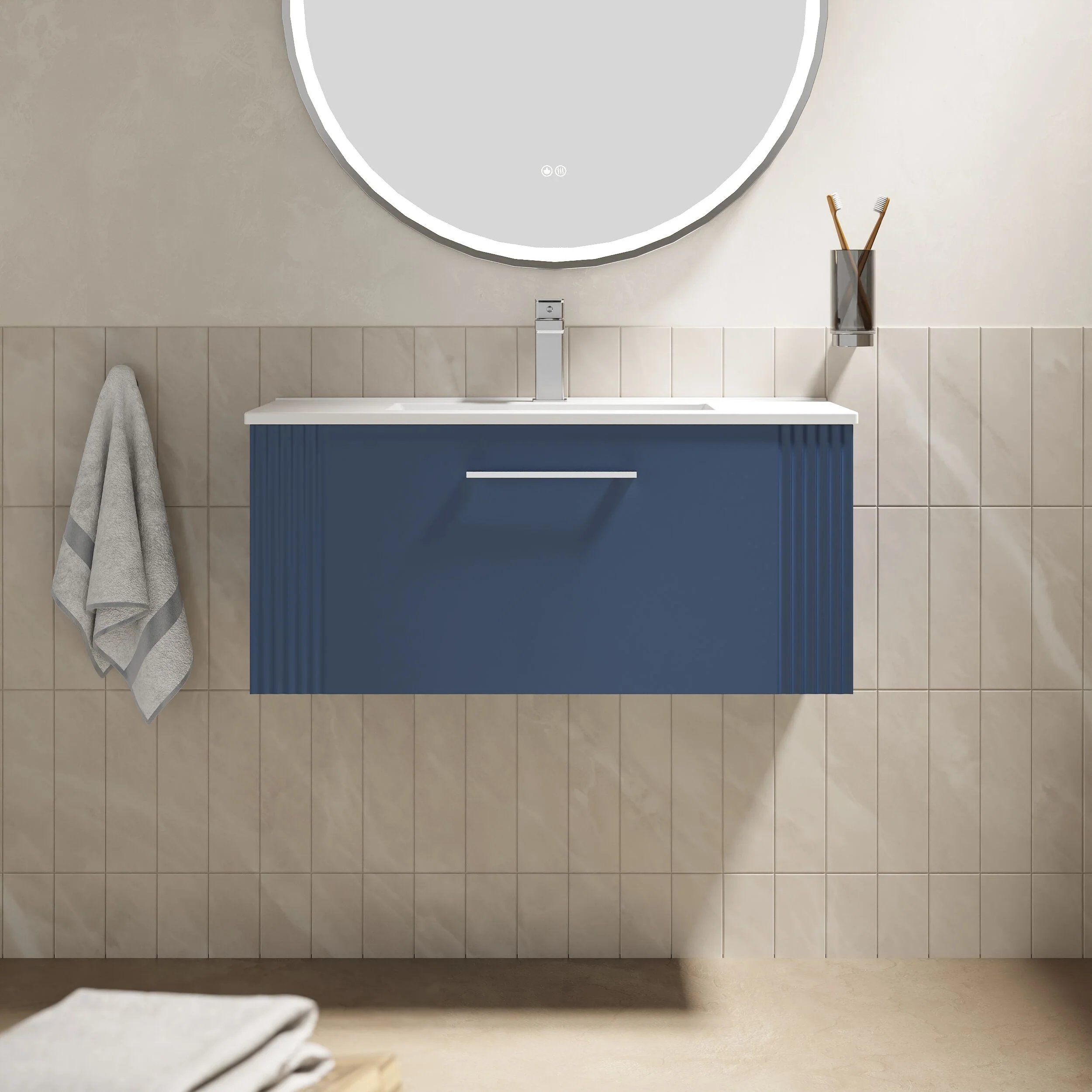 Partial Fluted 1 Drawer Wall Hung Vanity Unit with 1 Tap Hole Minimalist Basin - 800mm - Satin Blue - Image 2