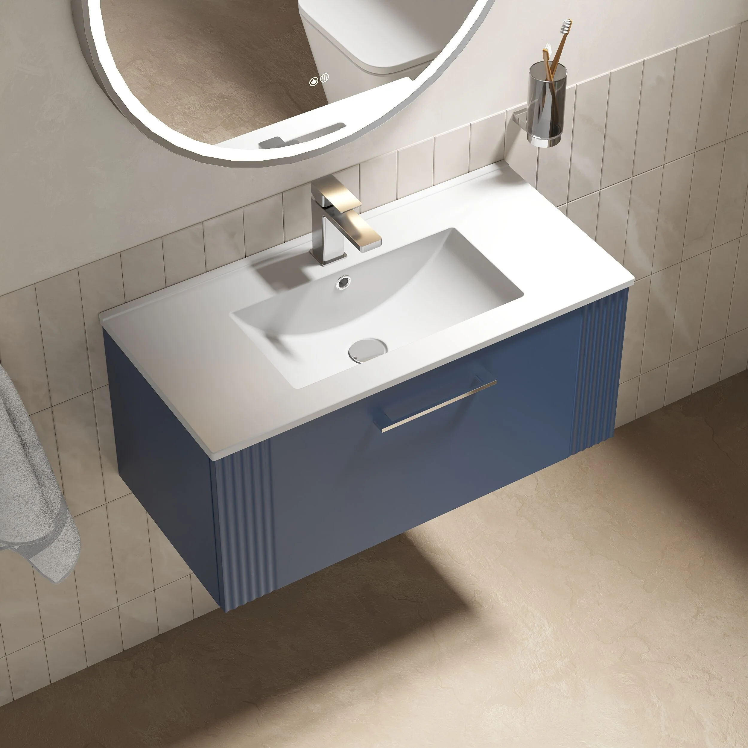 Partial Fluted 1 Drawer Wall Hung Vanity Unit with 1 Tap Hole Minimalist Basin - 800mm - Satin Blue - Image 3