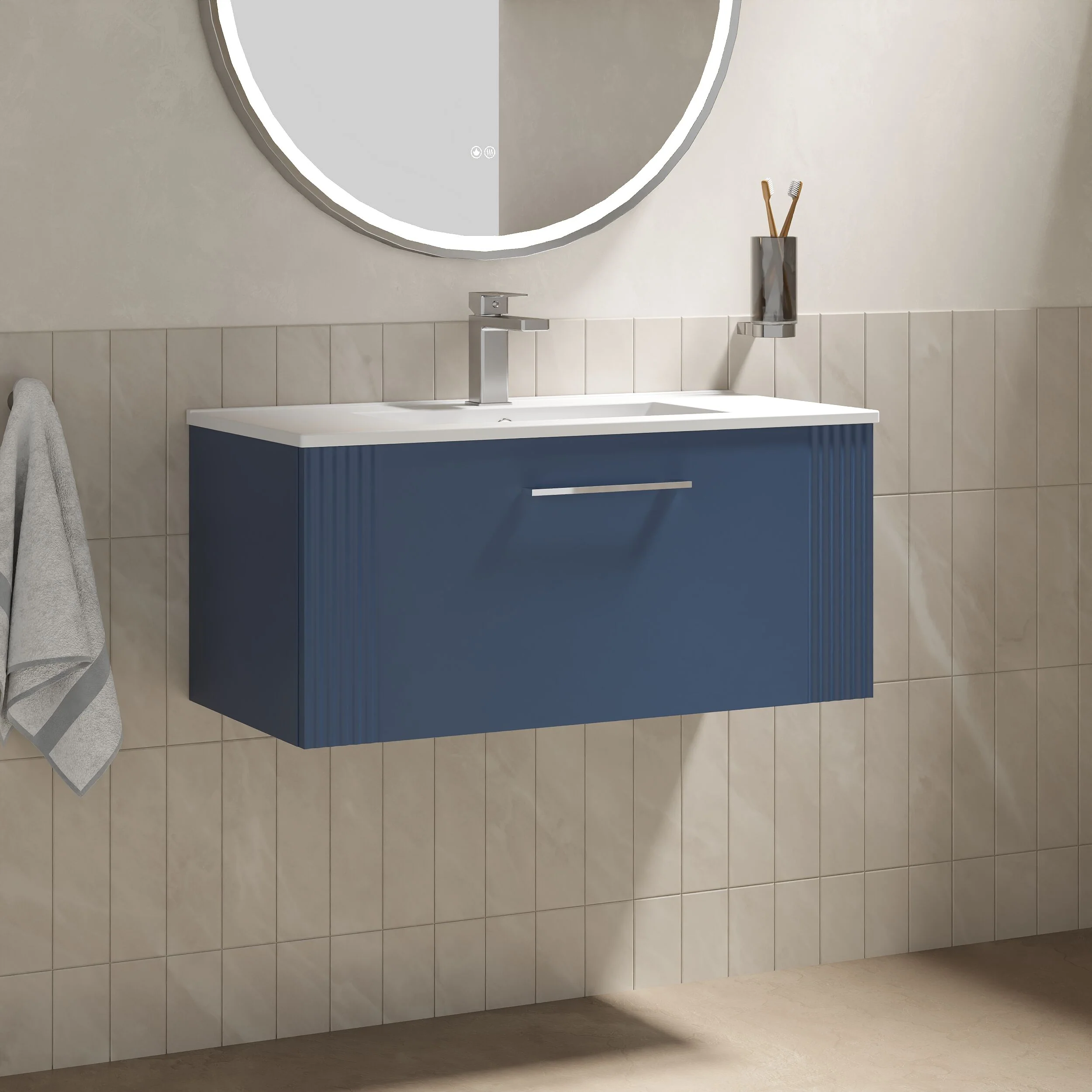 Partial Fluted 1 Drawer Wall Hung Vanity Unit with 1 Tap Hole Minimalist Basin - 800mm - Satin Blue - Image 4