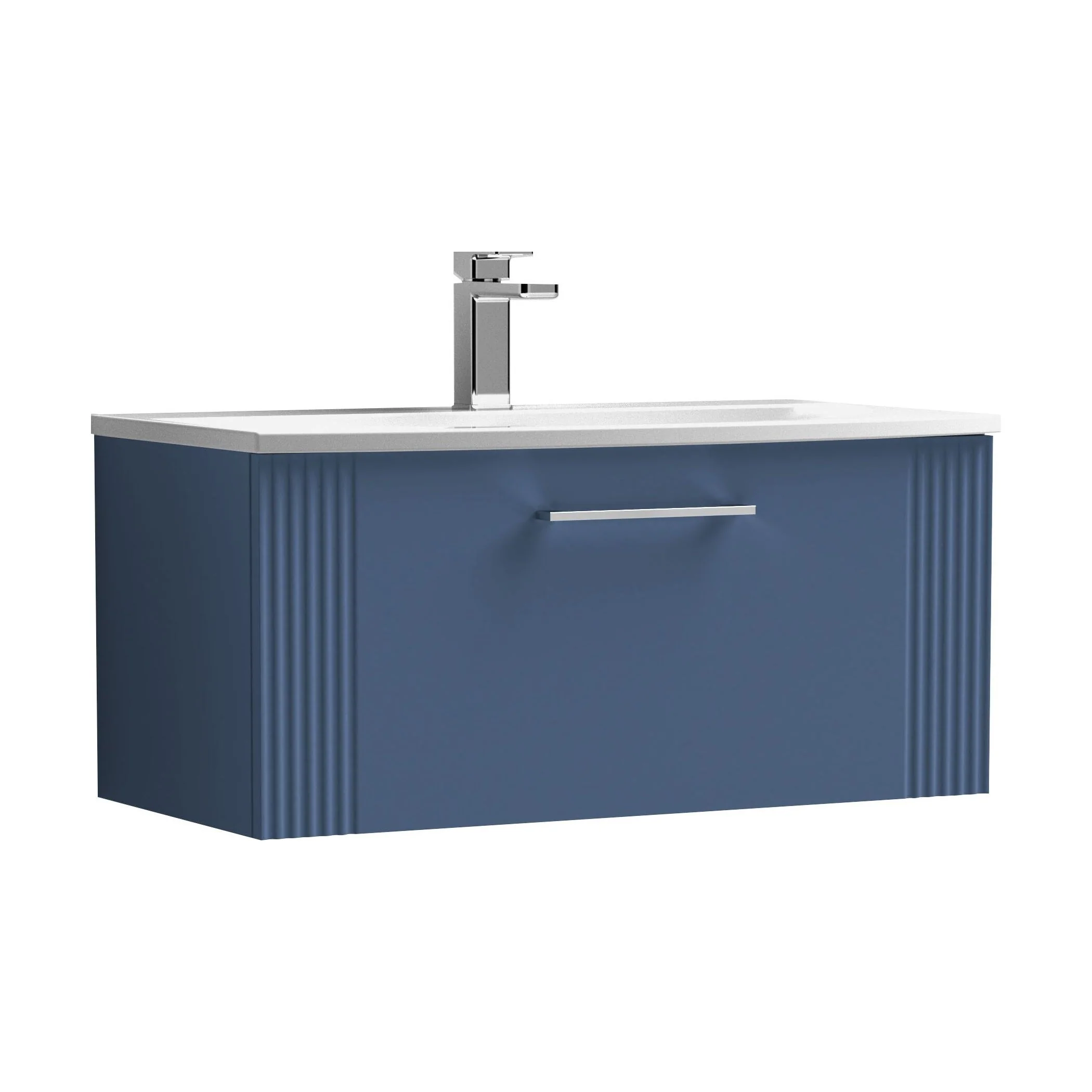 Partial Fluted 1 Drawer Wall Hung Vanity Unit with 1 Tap Hole Curved Basin- 800mm - Satin Blue