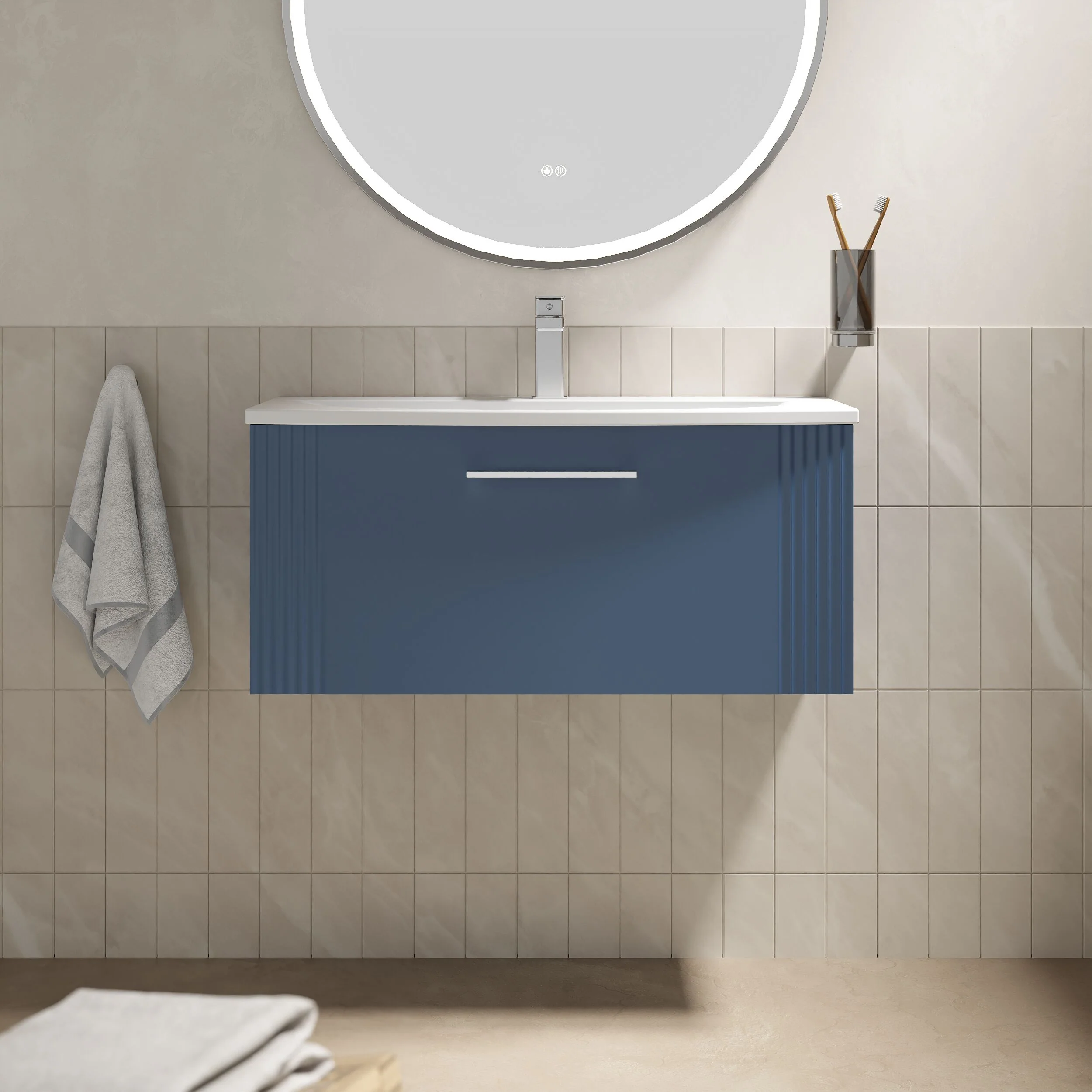 Partial Fluted 1 Drawer Wall Hung Vanity Unit with 1 Tap Hole Curved Basin- 800mm - Satin Blue - Image 2