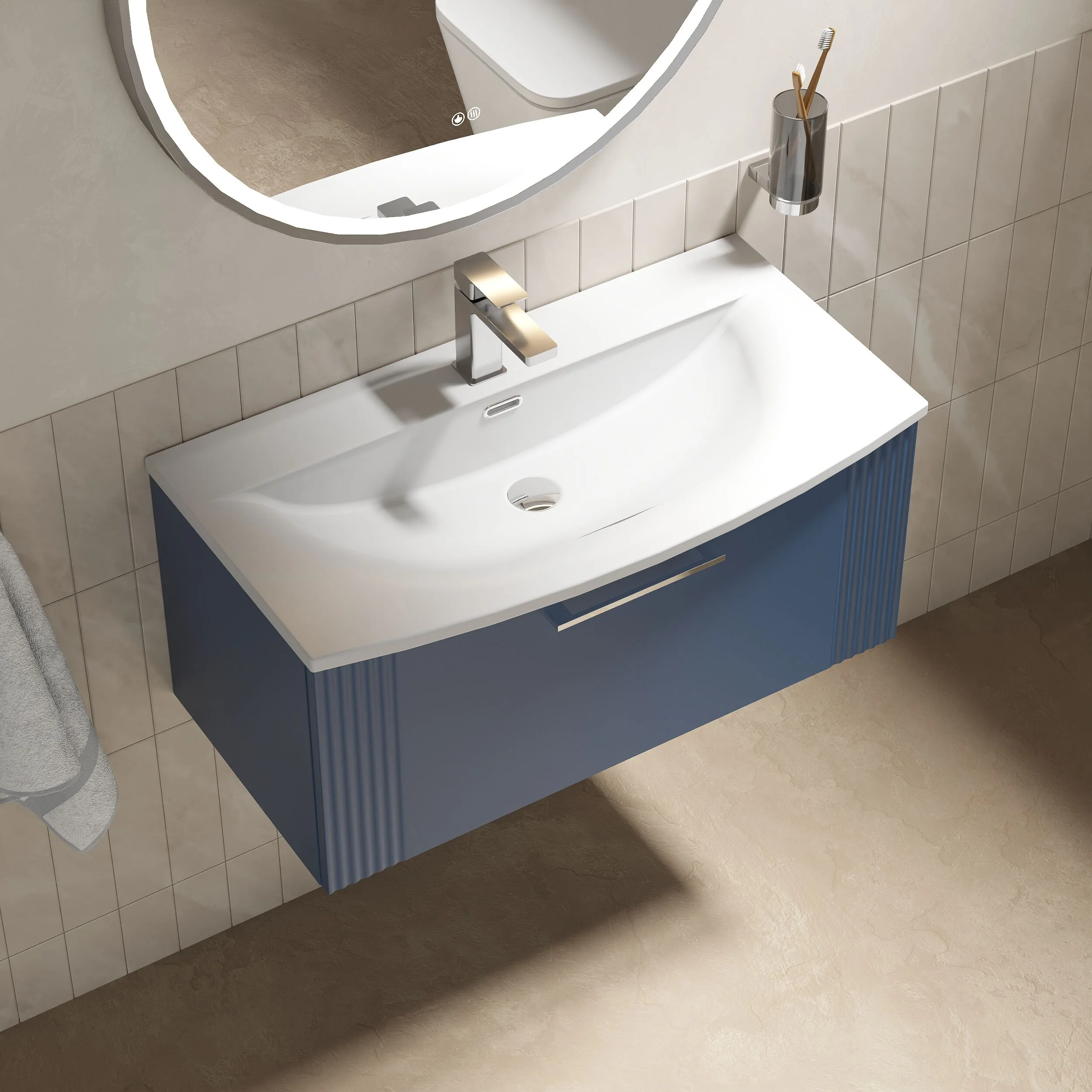 Partial Fluted 1 Drawer Wall Hung Vanity Unit with 1 Tap Hole Curved Basin- 800mm - Satin Blue - Image 3