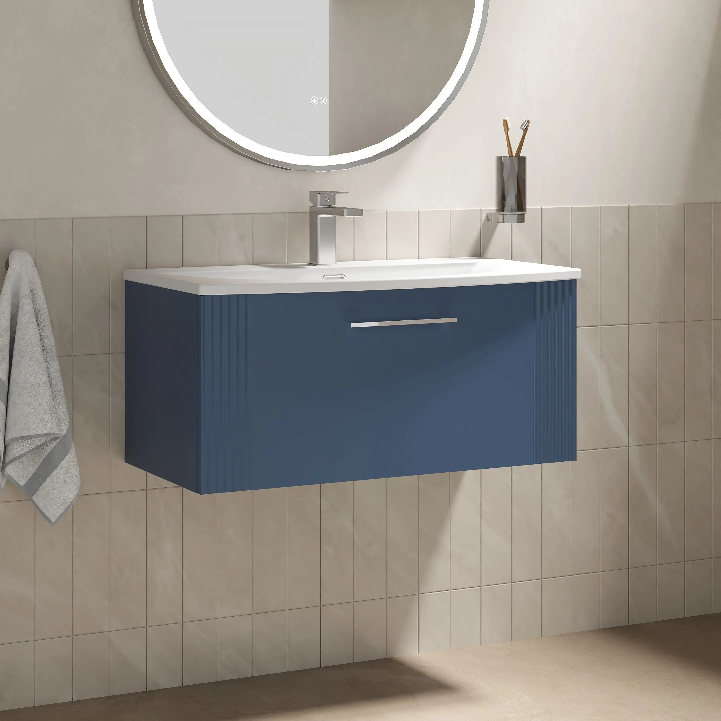 Partial Fluted 1 Drawer Wall Hung Vanity Unit with 1 Tap Hole Curved Basin- 800mm - Satin Blue - Image 4