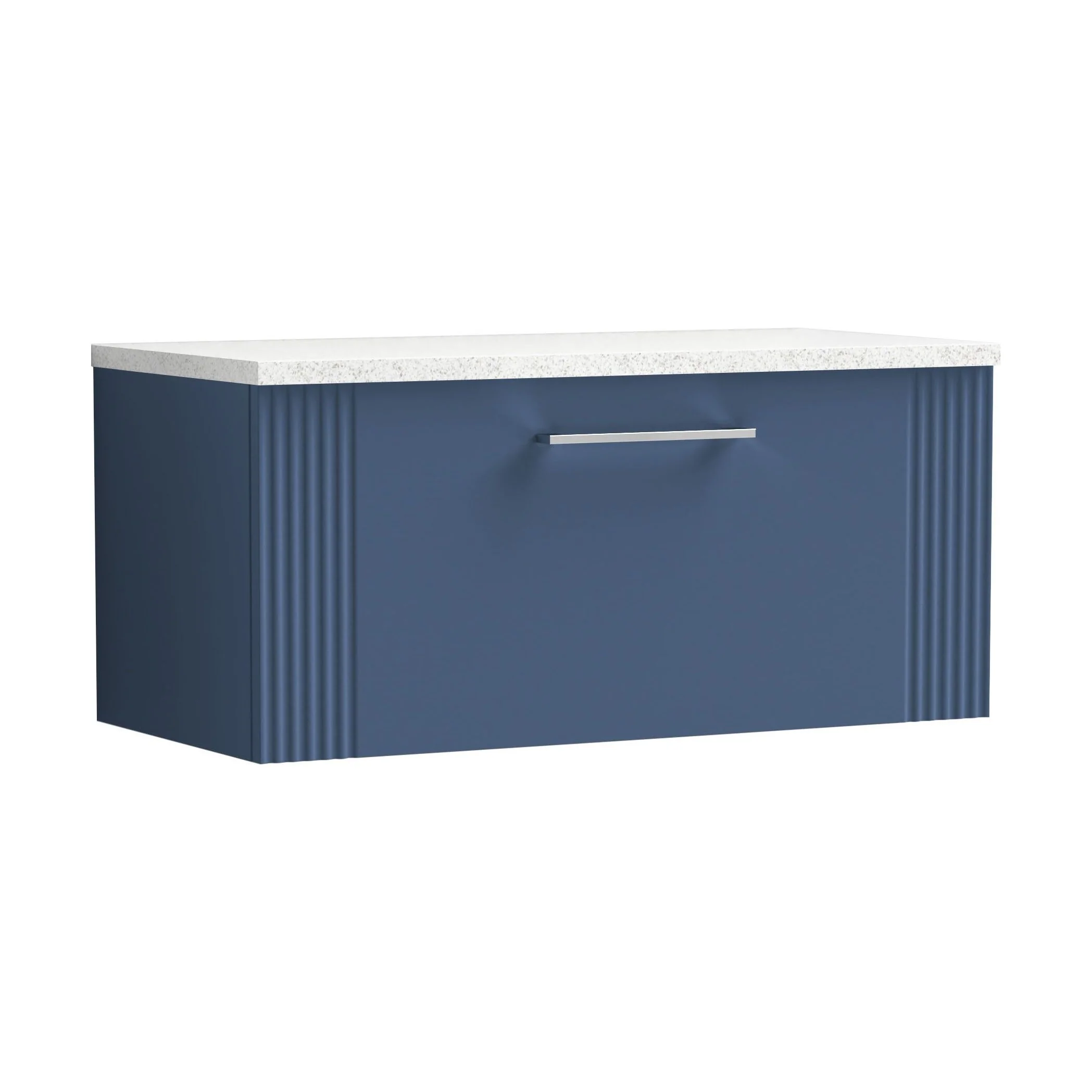 Partial Fluted 1 Drawer Wall Hung Vanity Unit with Sparkling White Laminate Worktop - 800mm - Satin Blue