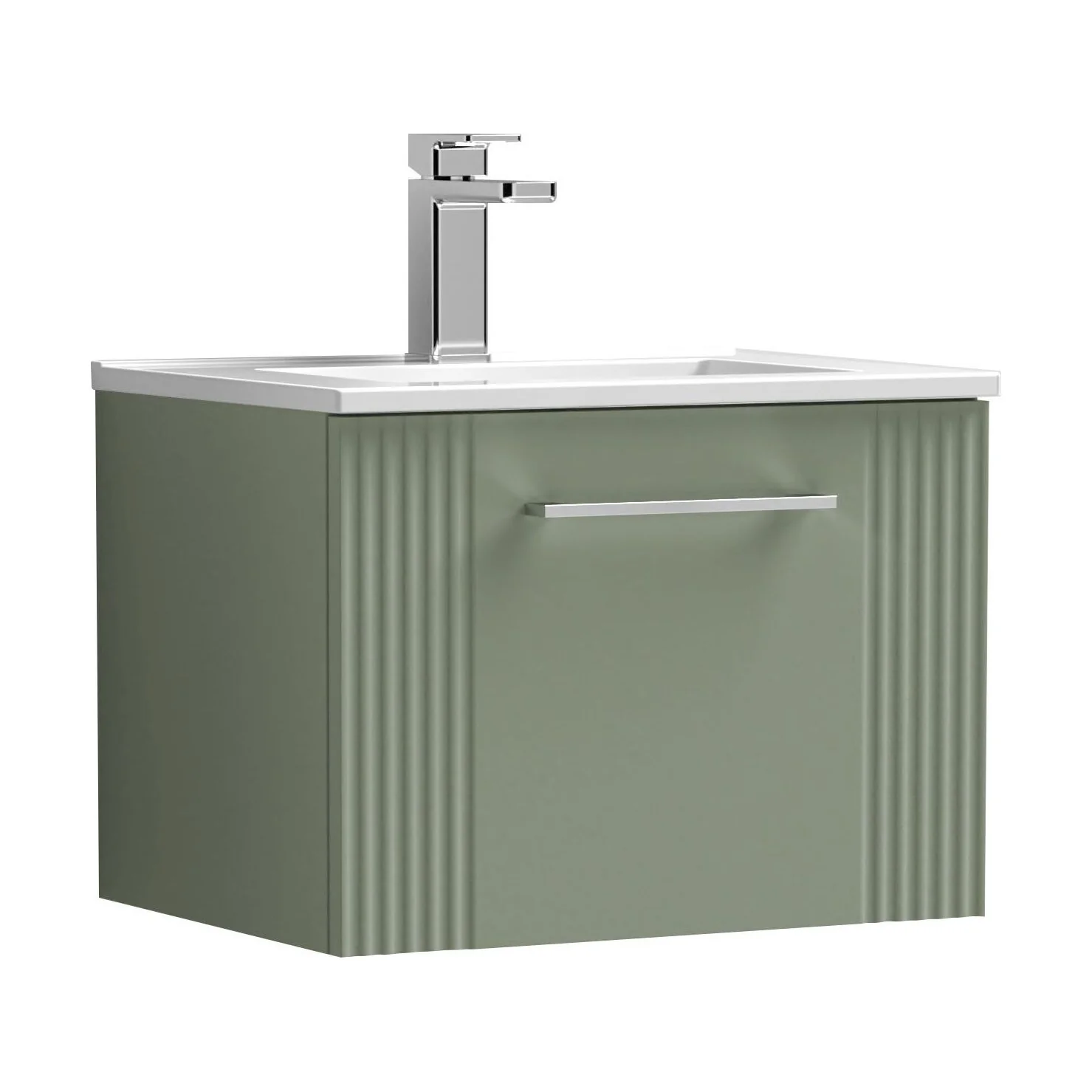 Partial Fluted 1 Drawer Wall Hung Vanity Unit with 1 Tap Hole Minimalist Basin - 500mm - Satin Green