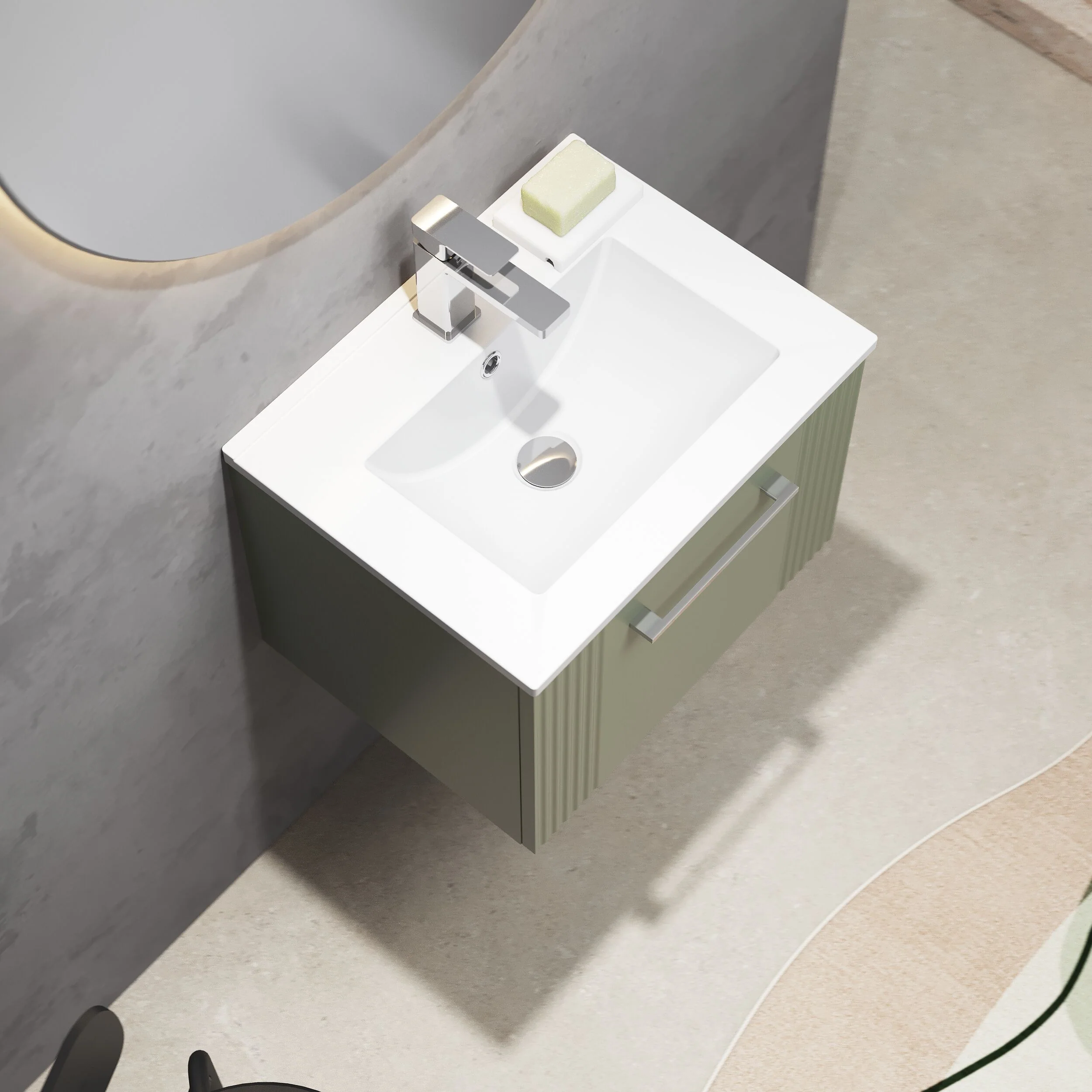 Partial Fluted 1 Drawer Wall Hung Vanity Unit with 1 Tap Hole Minimalist Basin - 500mm - Satin Green - Image 3
