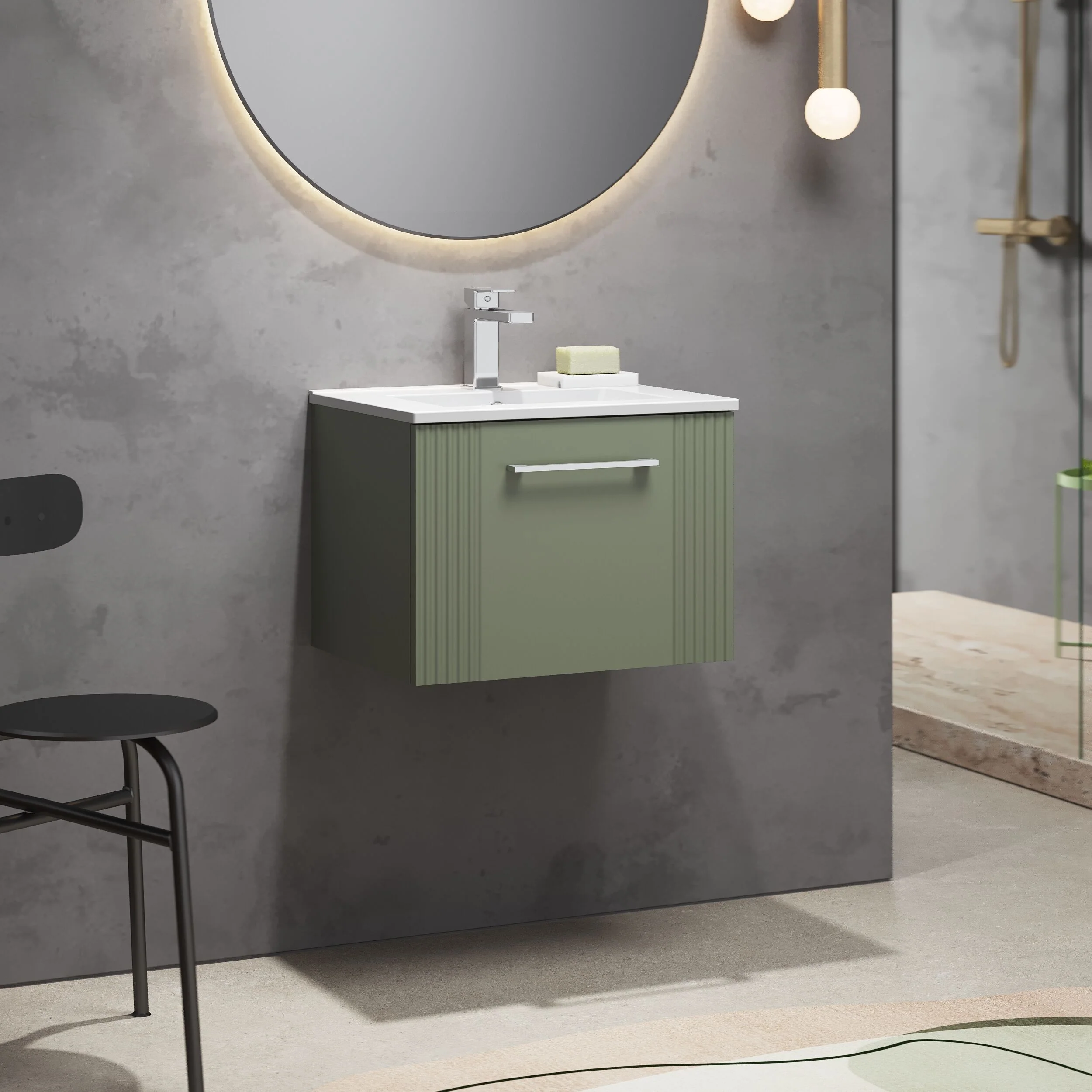 Partial Fluted 1 Drawer Wall Hung Vanity Unit with 1 Tap Hole Minimalist Basin - 500mm - Satin Green - Image 4