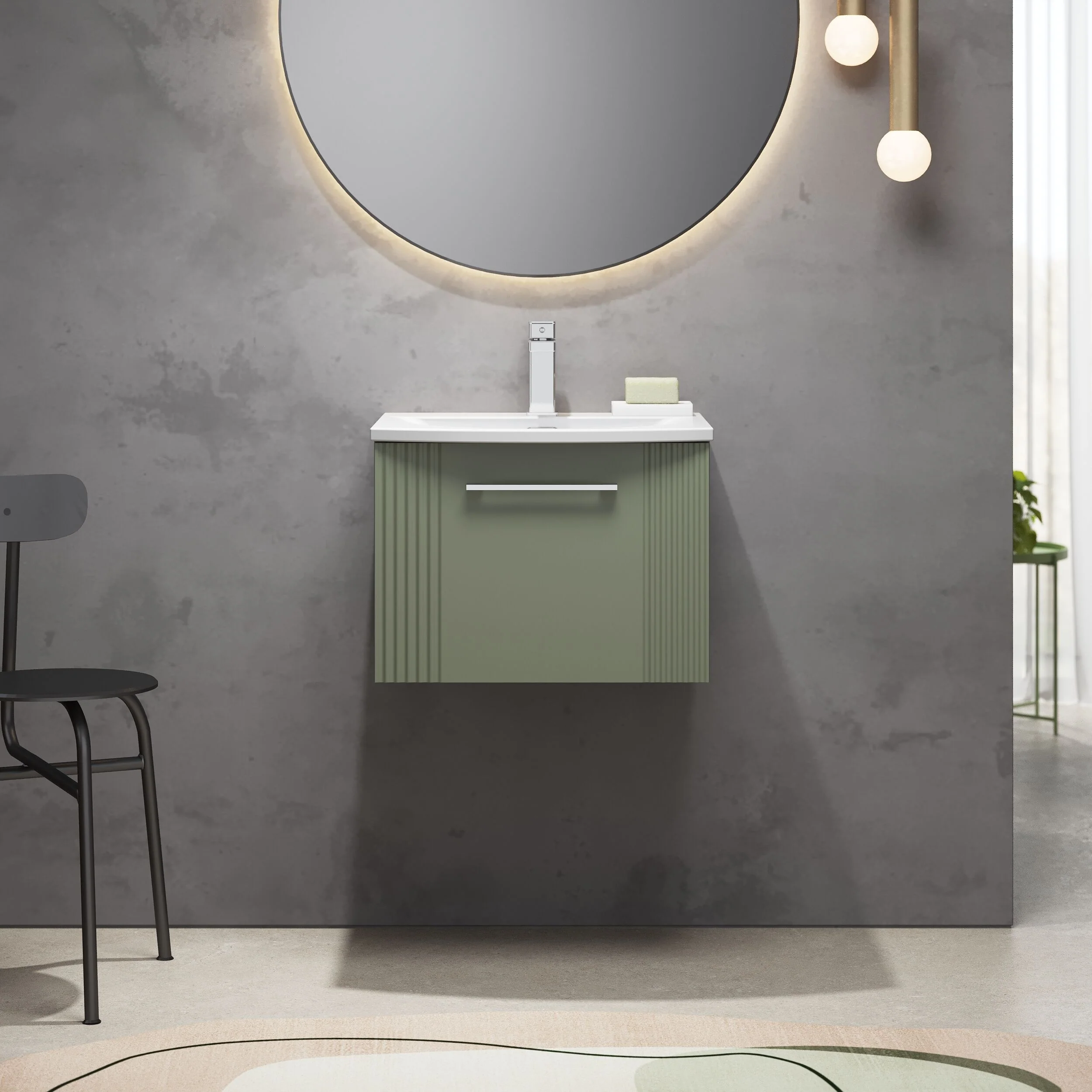 Partial Fluted 1 Drawer Wall Hung Vanity Unit with 1 Tap Hole Curved Basin- 500mm - Satin Green - Image 2