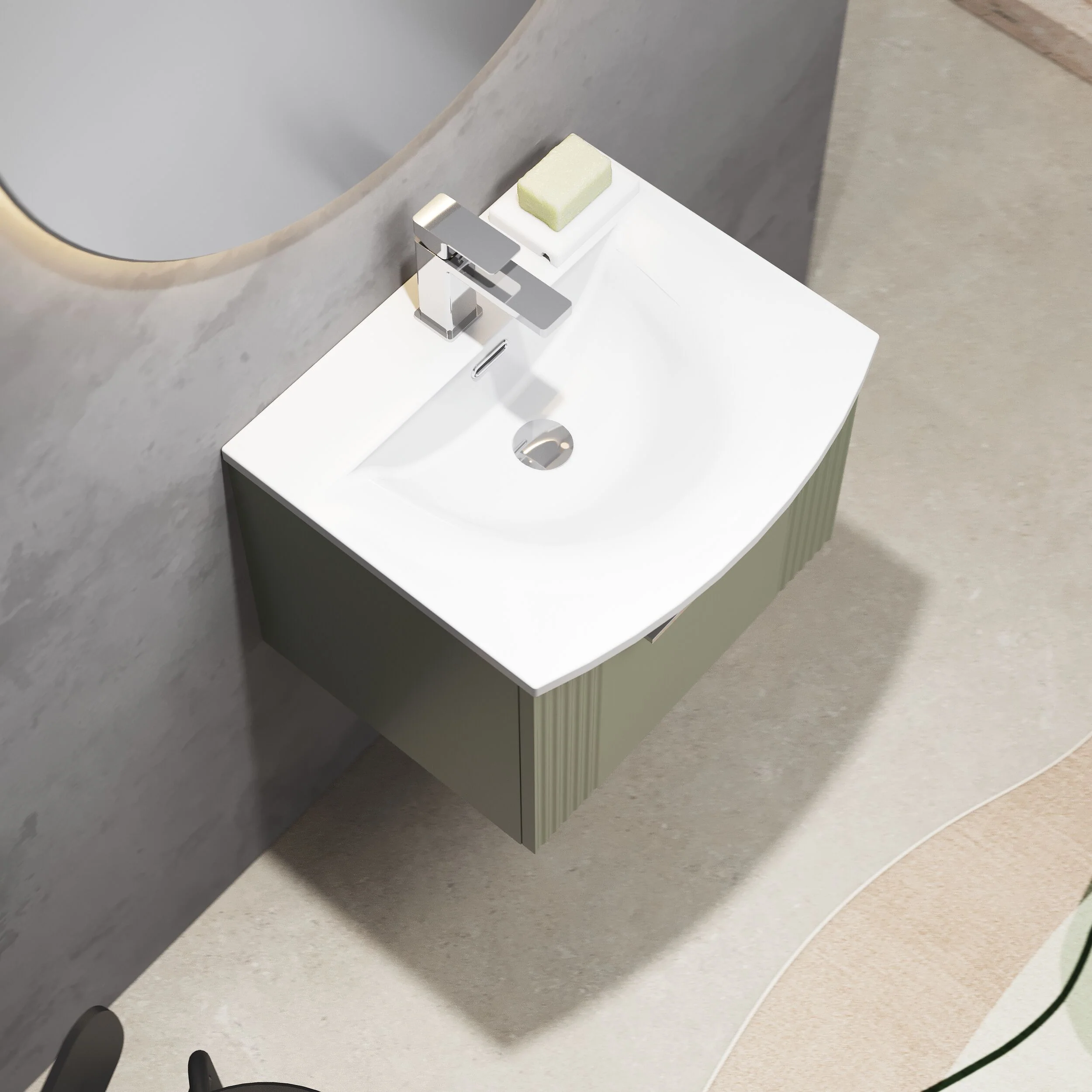 Partial Fluted 1 Drawer Wall Hung Vanity Unit with 1 Tap Hole Curved Basin- 500mm - Satin Green - Image 3