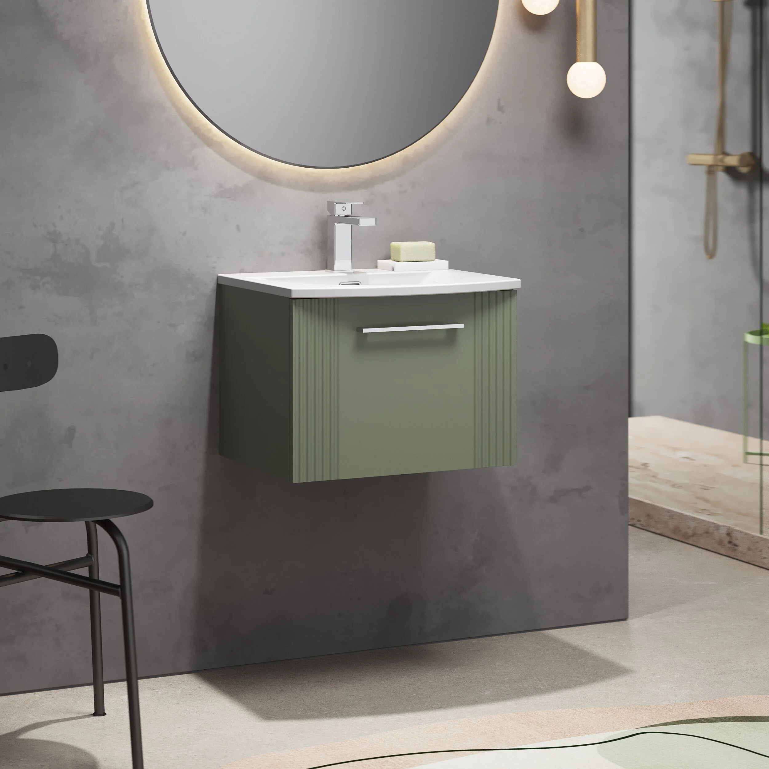 Partial Fluted 1 Drawer Wall Hung Vanity Unit with 1 Tap Hole Curved Basin- 500mm - Satin Green - Image 4