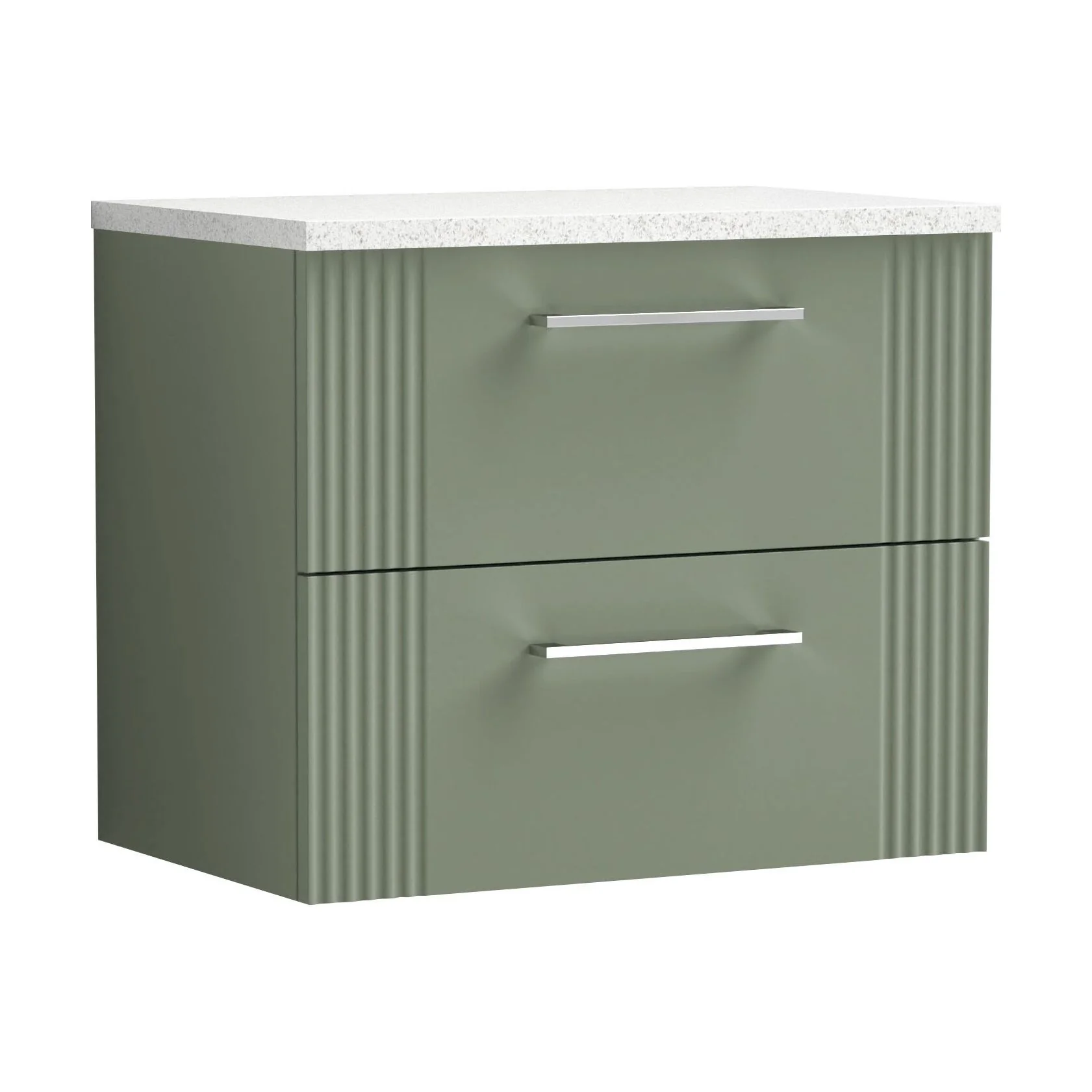Partial Fluted 2 Drawer Wall Hung Vanity Unit with Sparkling White Laminate Worktop - 600mm - Satin Green