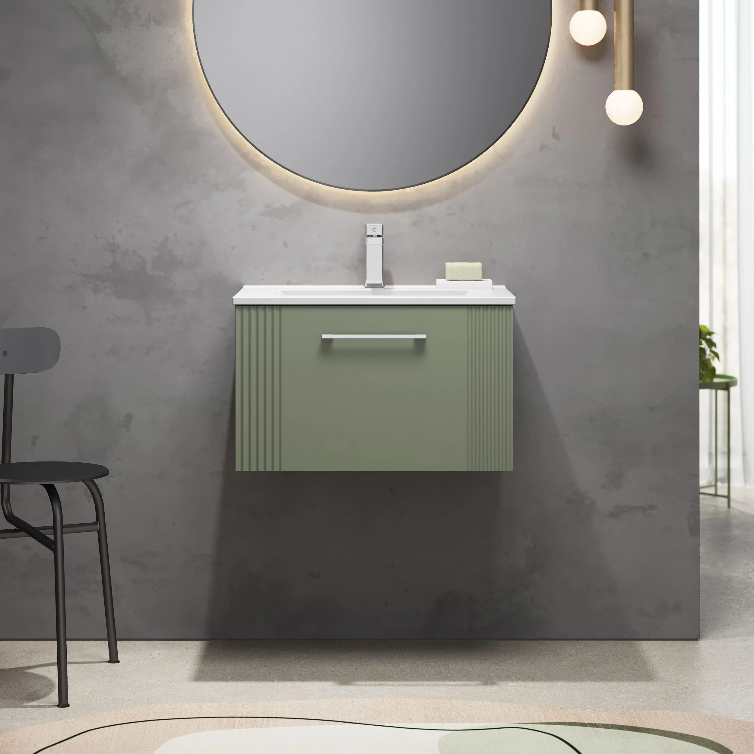 Partial Fluted 1 Drawer Wall Hung Vanity Unit with 1 Tap Hole Minimalist Basin - 600mm - Satin Green - Image 2