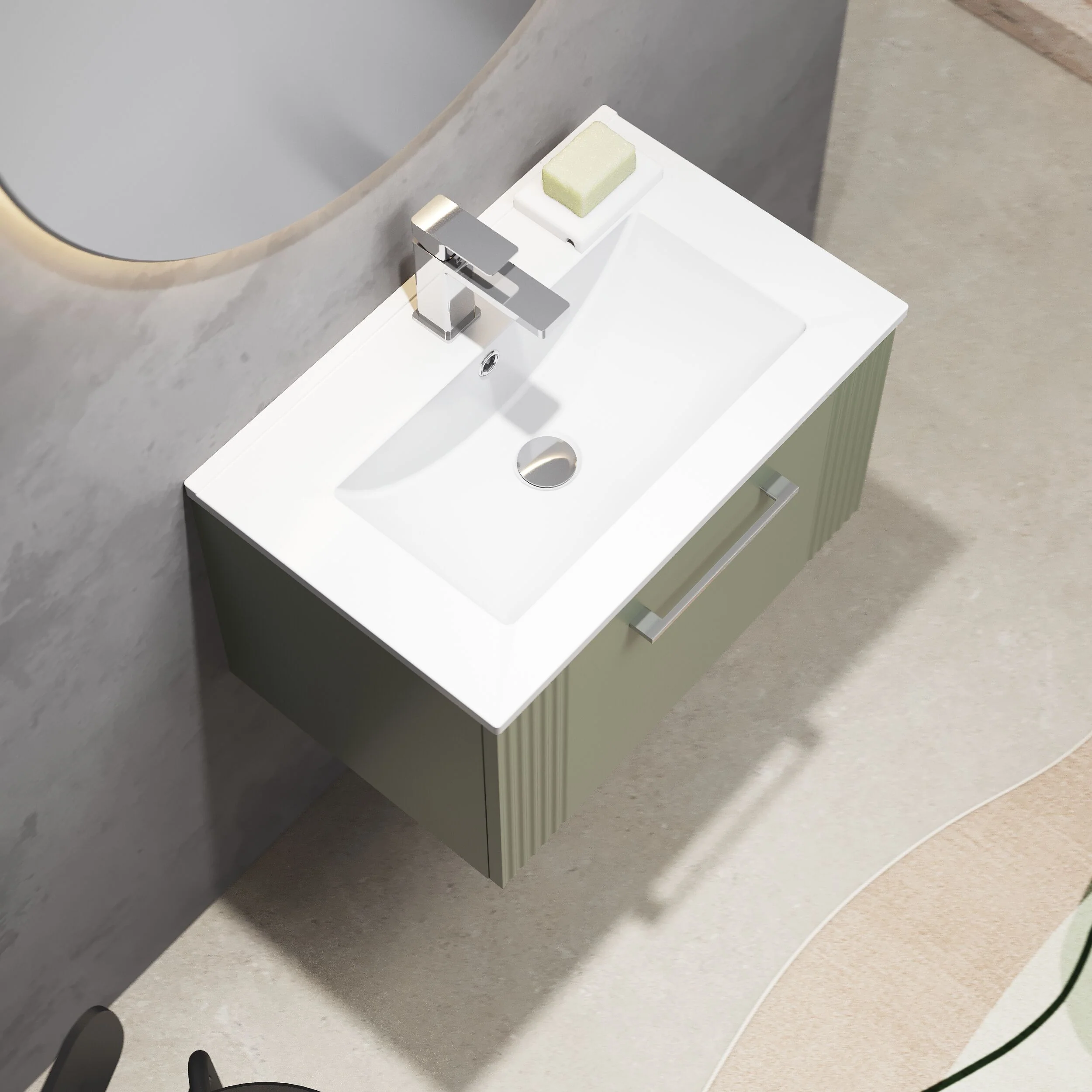 Partial Fluted 1 Drawer Wall Hung Vanity Unit with 1 Tap Hole Minimalist Basin - 600mm - Satin Green - Image 3