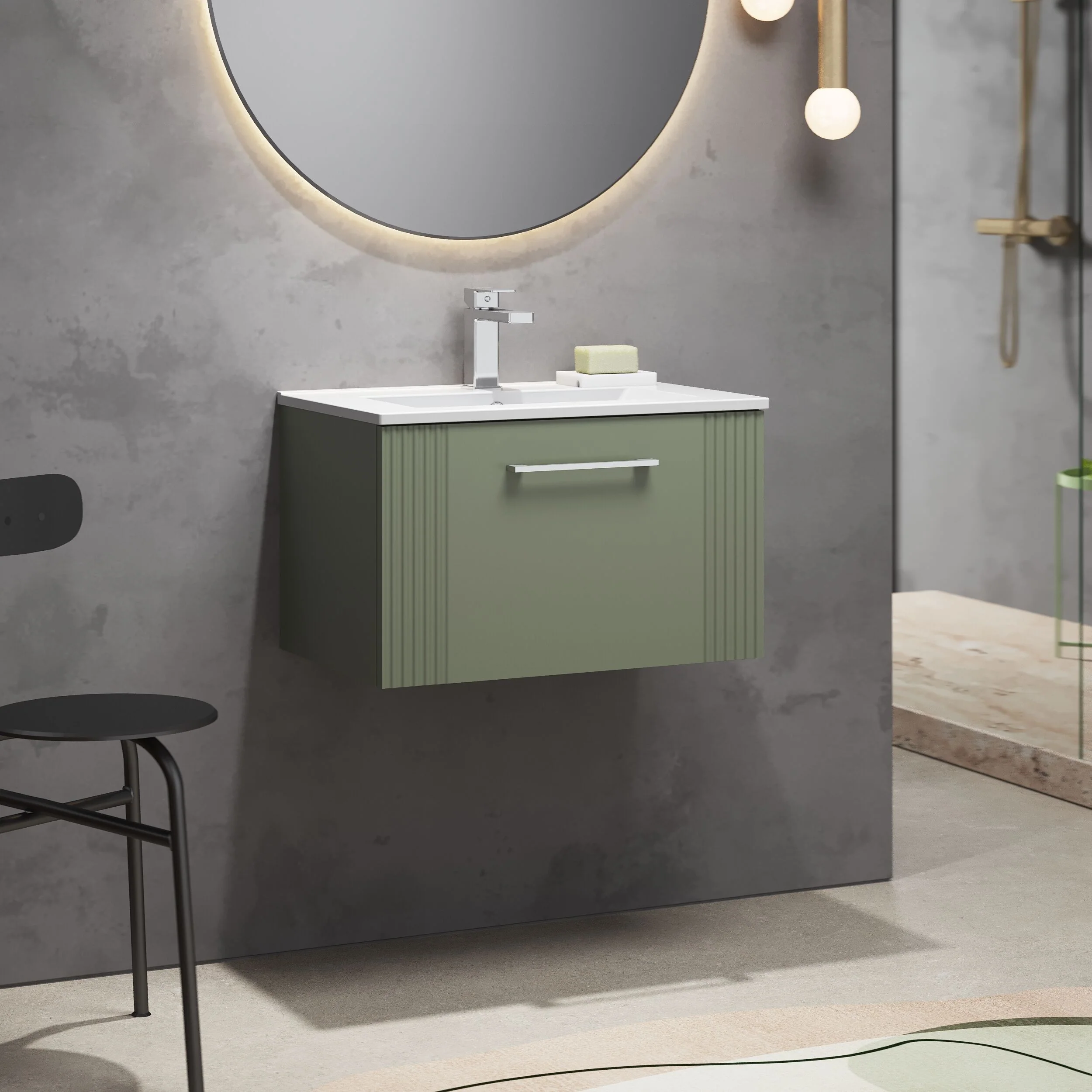 Partial Fluted 1 Drawer Wall Hung Vanity Unit with 1 Tap Hole Minimalist Basin - 600mm - Satin Green - Image 4
