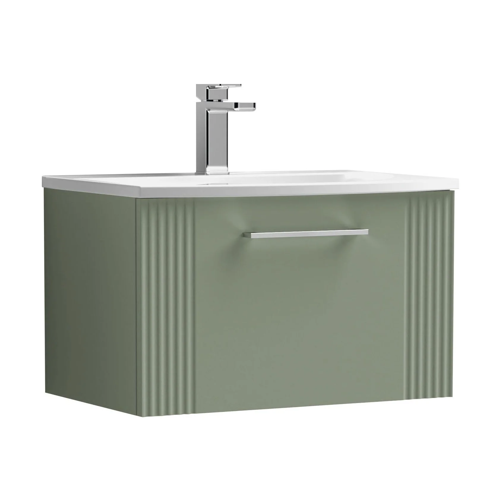 Partial Fluted 1 Drawer Wall Hung Vanity Unit with 1 Tap Hole Curved Basin- 600mm - Satin Green - Baltereley