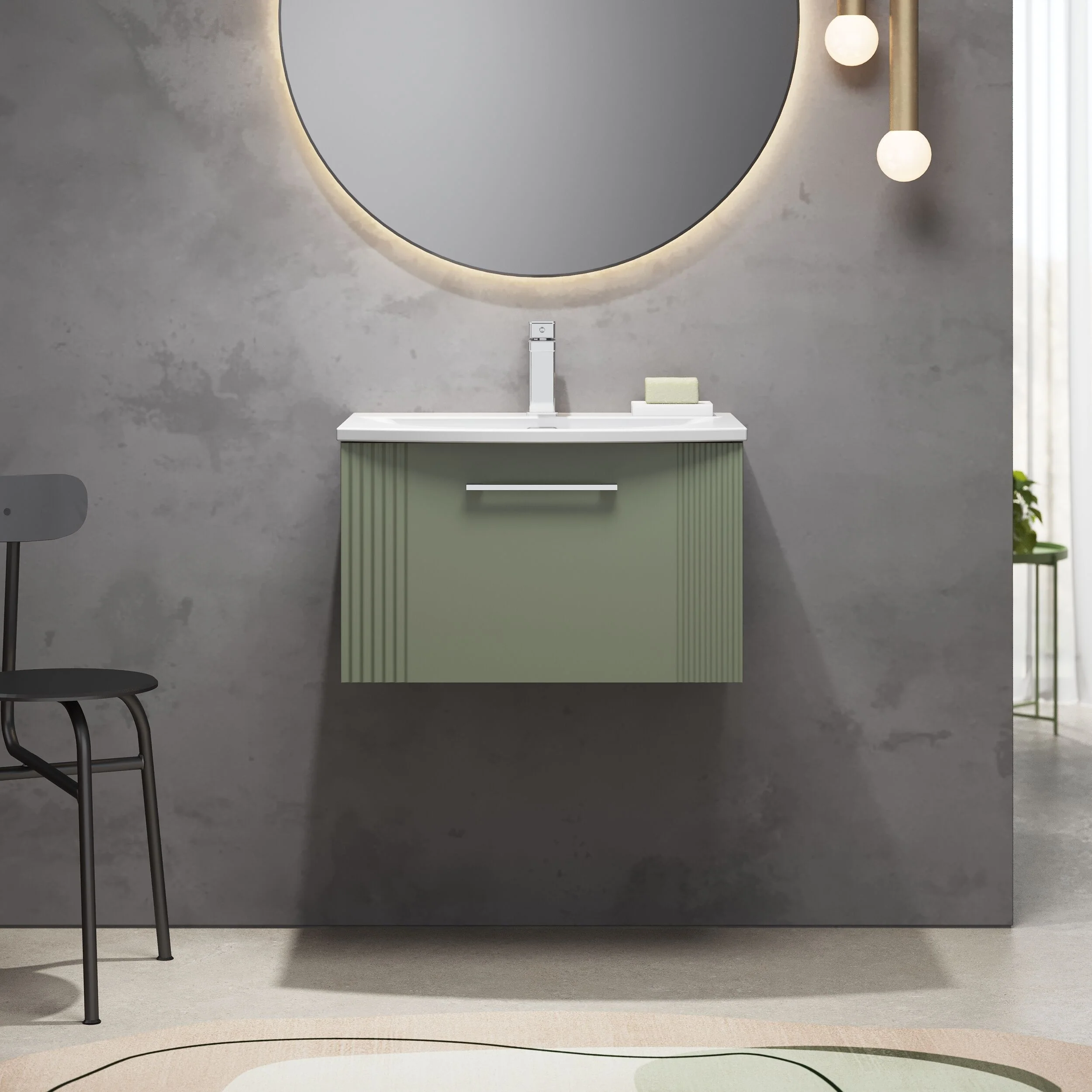 Partial Fluted 1 Drawer Wall Hung Vanity Unit with 1 Tap Hole Curved Basin- 600mm - Satin Green - Baltereley - Image 2