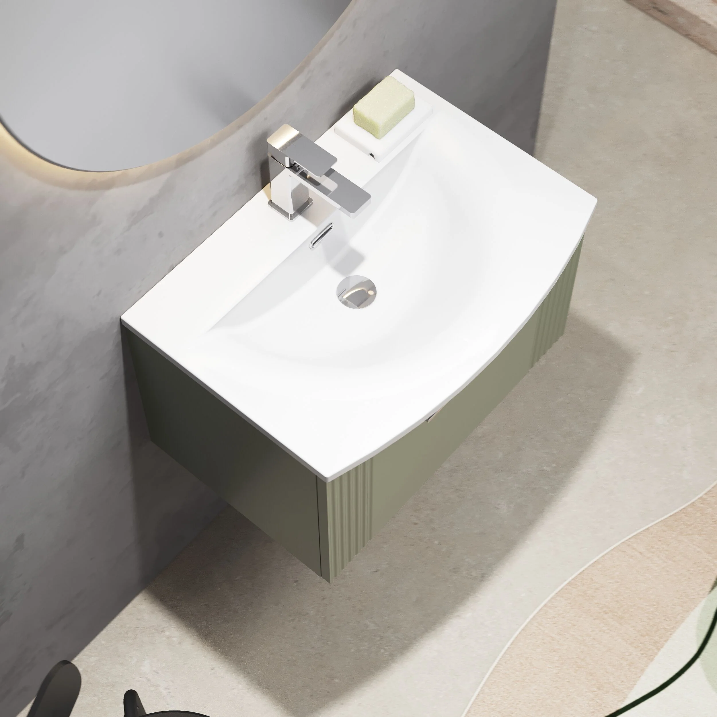 Partial Fluted 1 Drawer Wall Hung Vanity Unit with 1 Tap Hole Curved Basin- 600mm - Satin Green - Baltereley - Image 3
