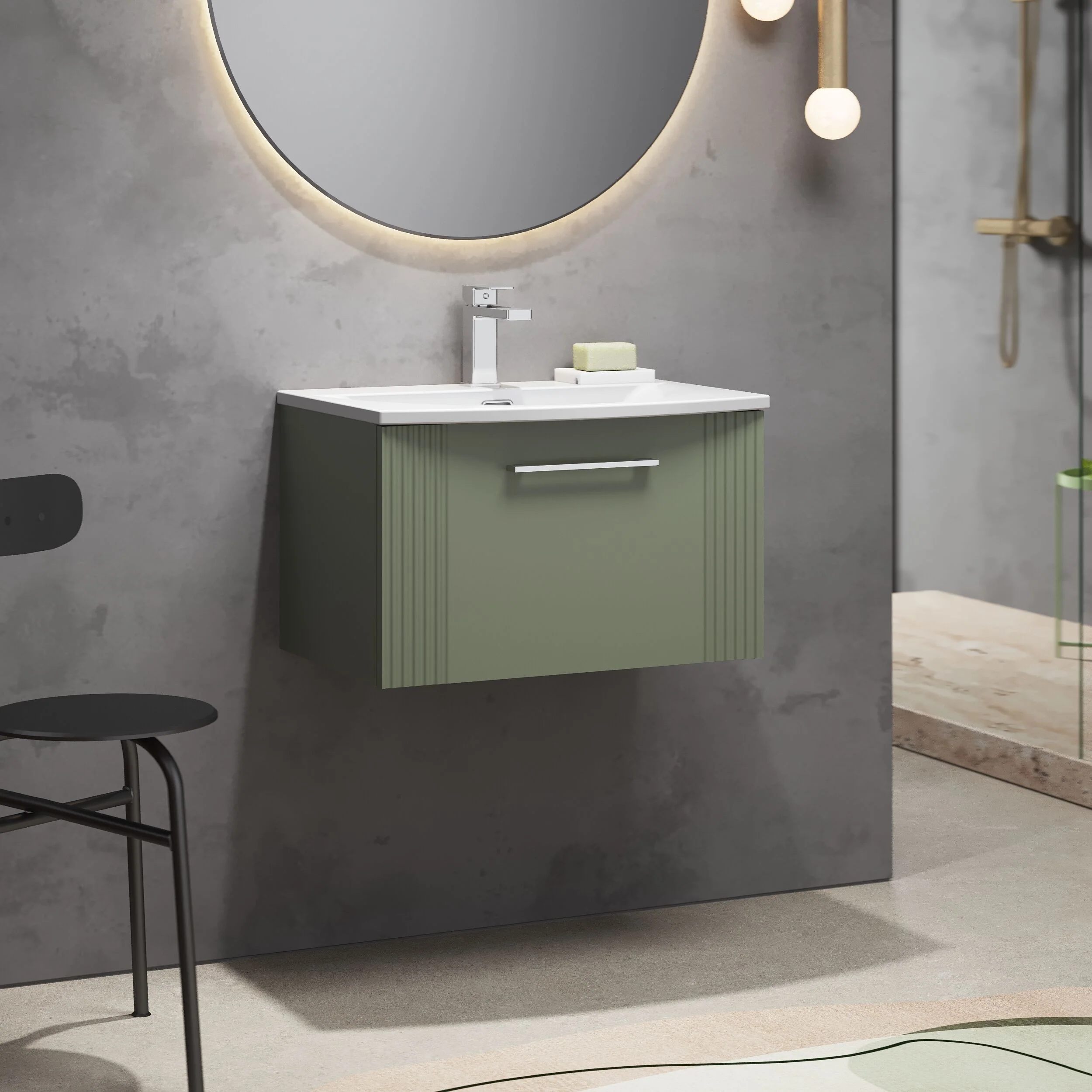 Partial Fluted 1 Drawer Wall Hung Vanity Unit with 1 Tap Hole Curved Basin- 600mm - Satin Green - Baltereley - Image 4