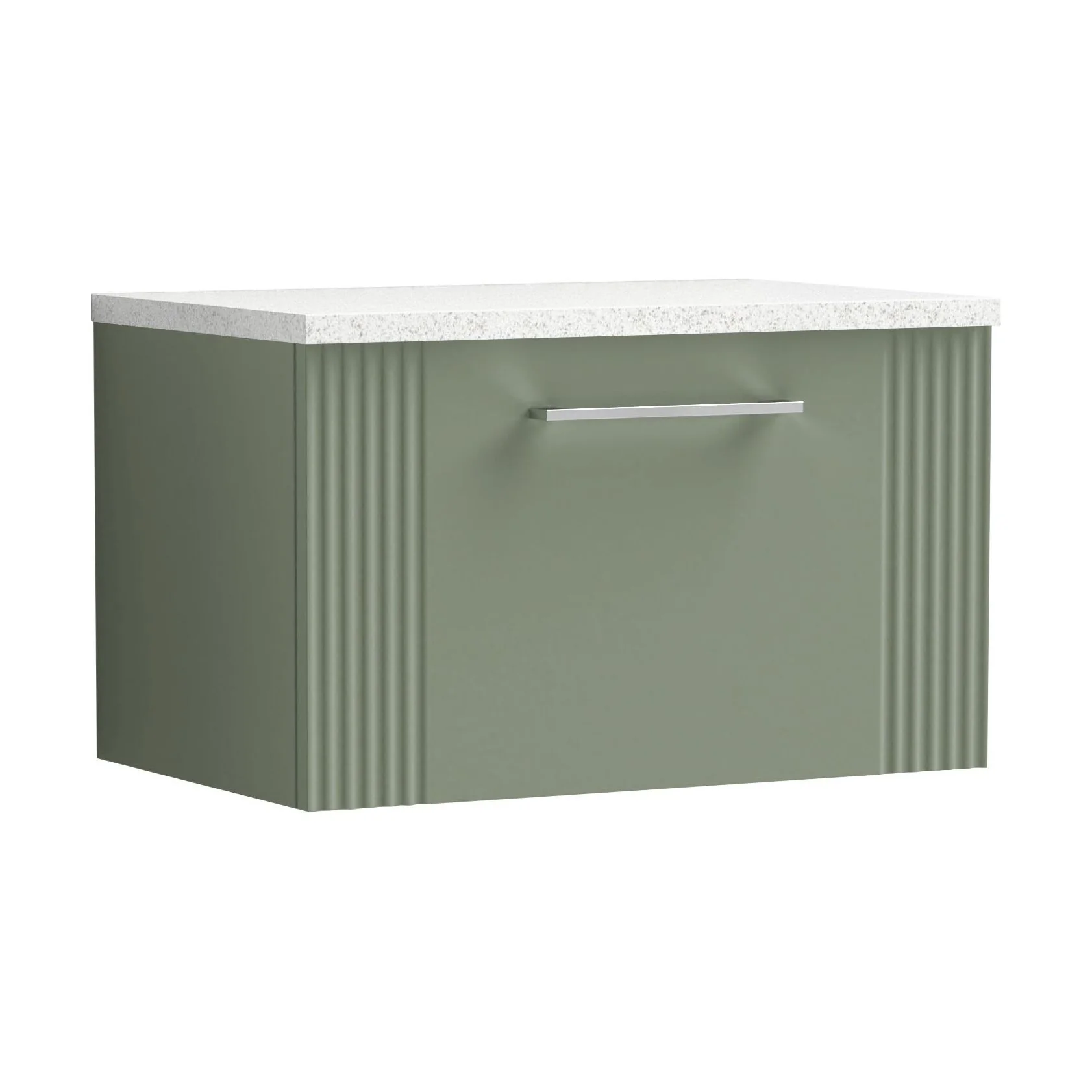 Partial Fluted 1 Drawer Wall Hung Vanity Unit with Sparkling White Laminate Worktop - 600mm - Satin Green