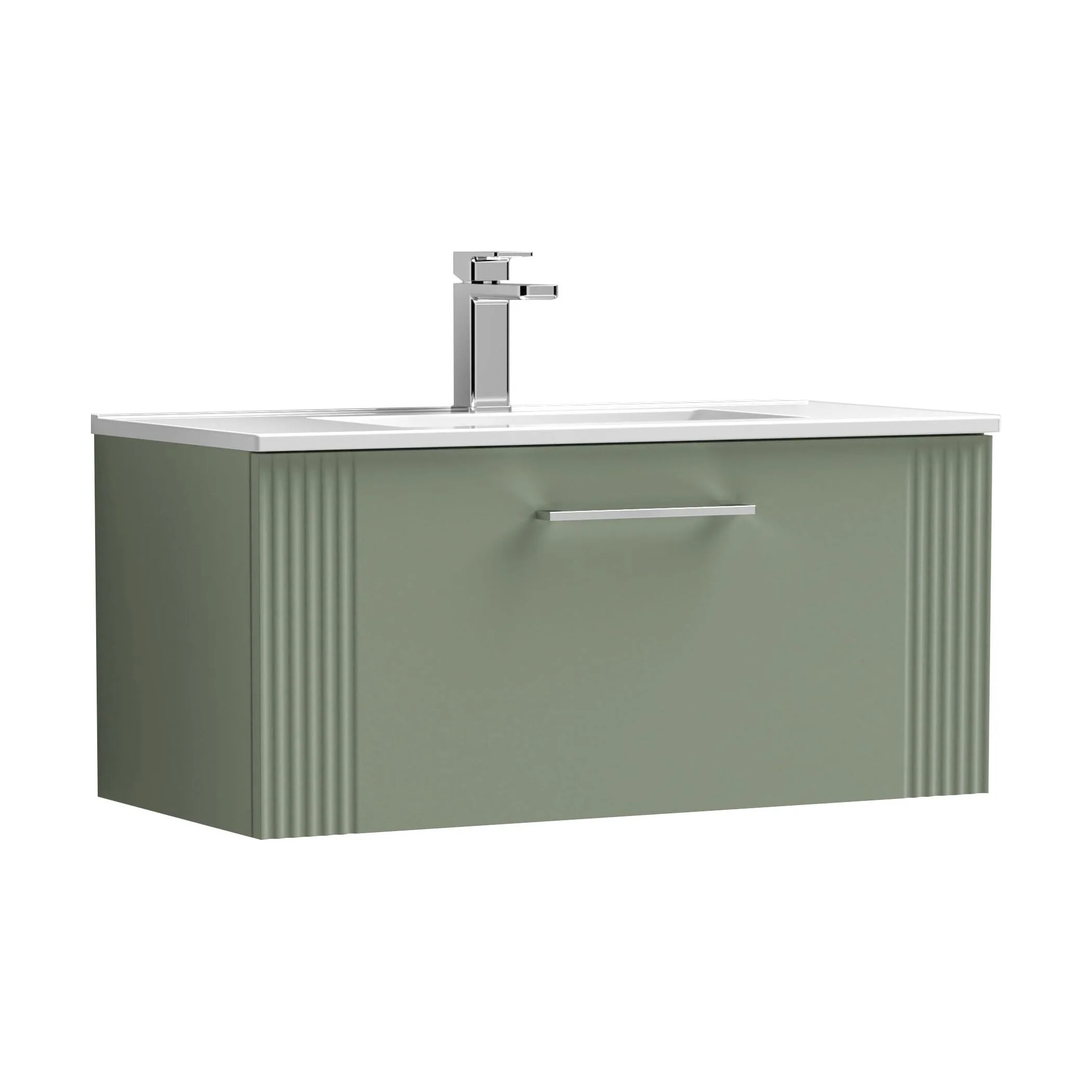 Partial Fluted 1 Drawer Wall Hung Vanity Unit with 1 Tap Hole Minimalist Basin - 800mm - Satin Green