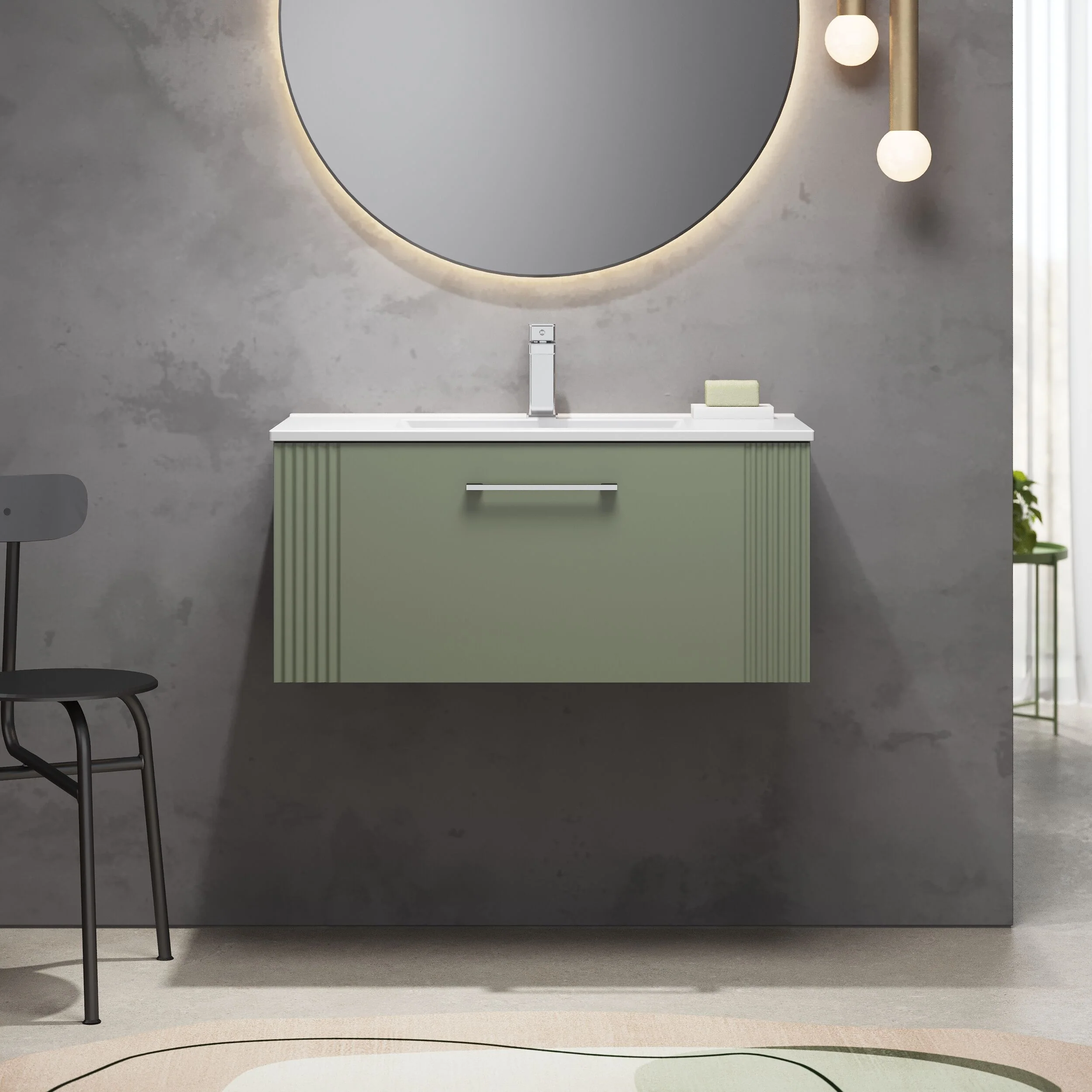 Partial Fluted 1 Drawer Wall Hung Vanity Unit with 1 Tap Hole Minimalist Basin - 800mm - Satin Green - Image 2