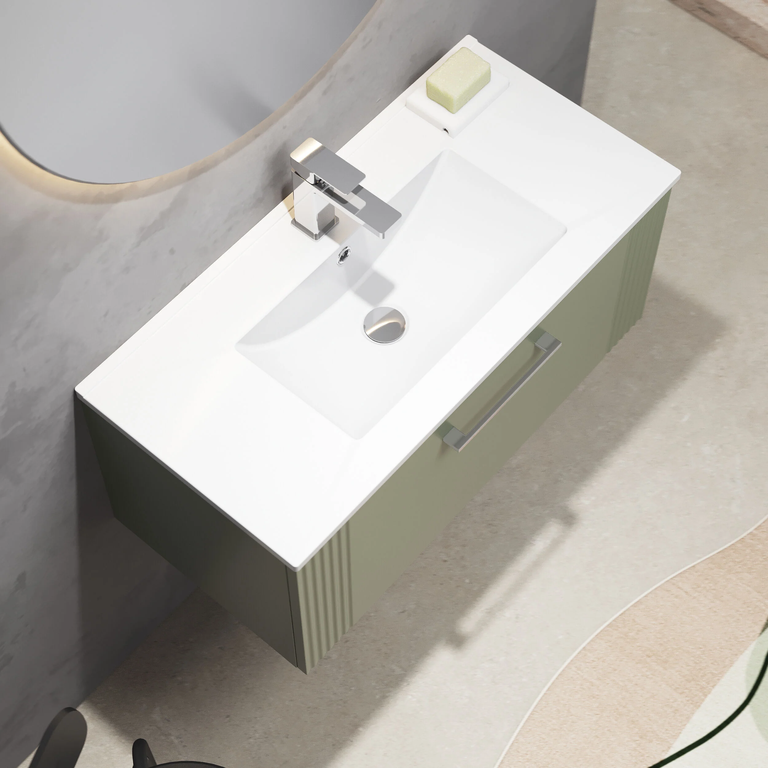 Partial Fluted 1 Drawer Wall Hung Vanity Unit with 1 Tap Hole Minimalist Basin - 800mm - Satin Green - Image 3