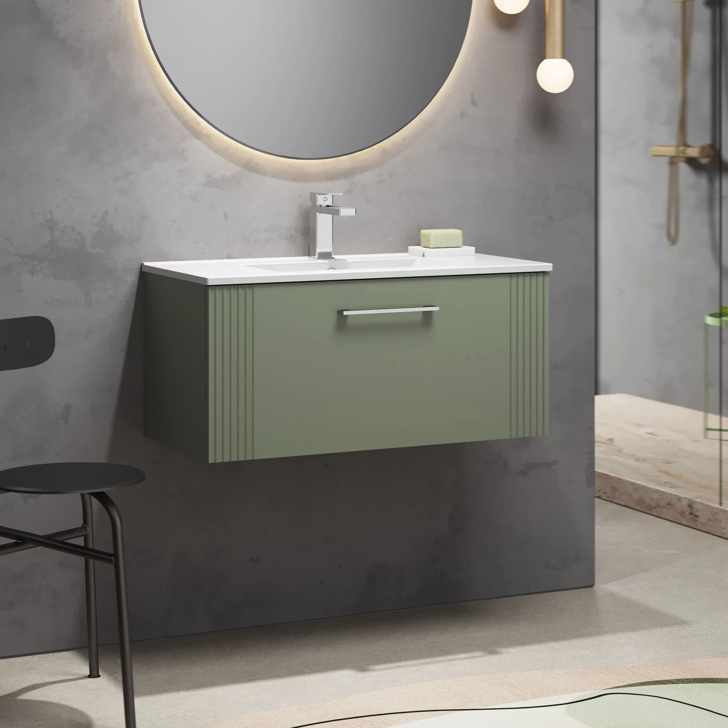 Partial Fluted 1 Drawer Wall Hung Vanity Unit with 1 Tap Hole Minimalist Basin - 800mm - Satin Green - Image 4