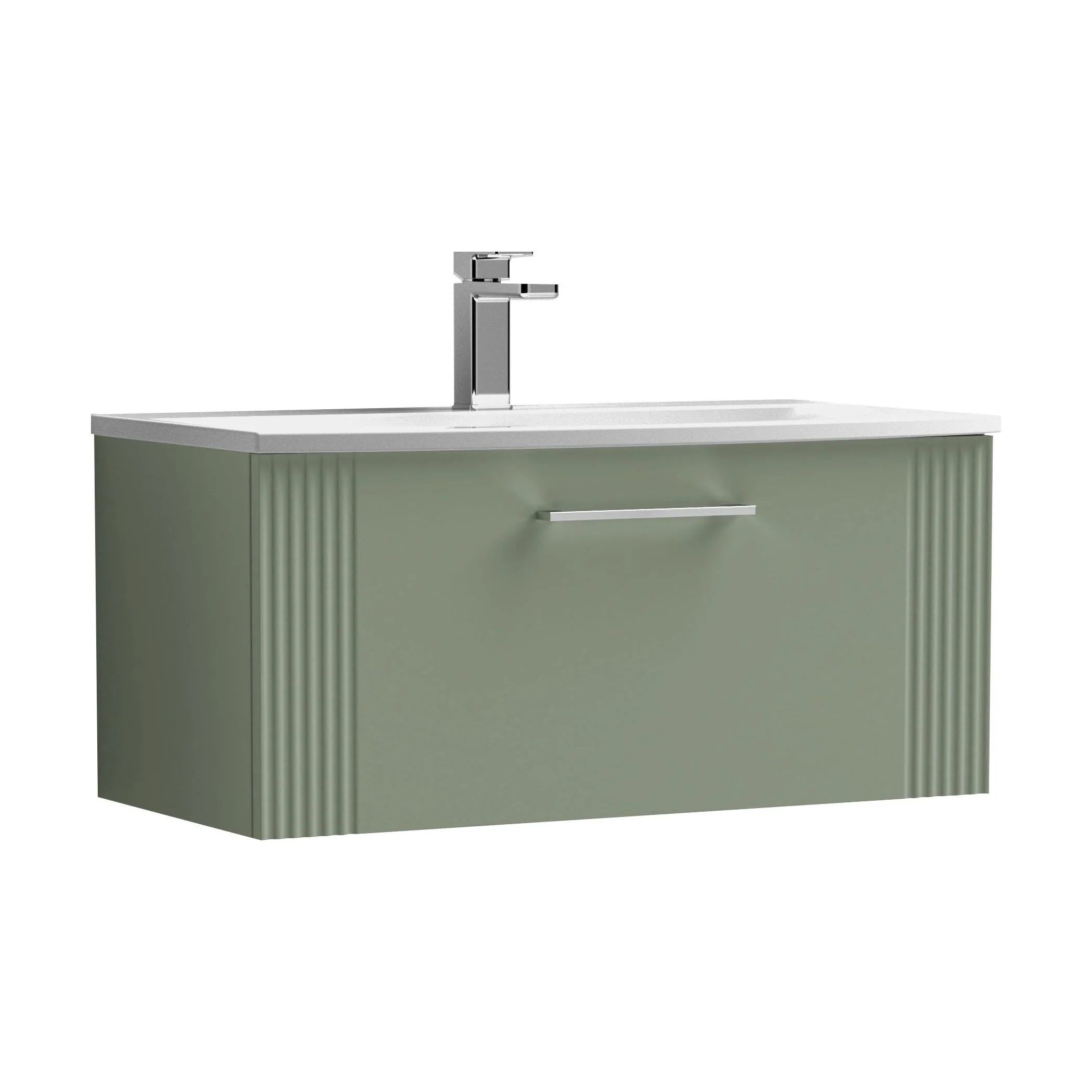 Partial Fluted 1 Drawer Wall Hung Vanity Unit with 1 Tap Hole Curved Basin- 800mm - Satin Green