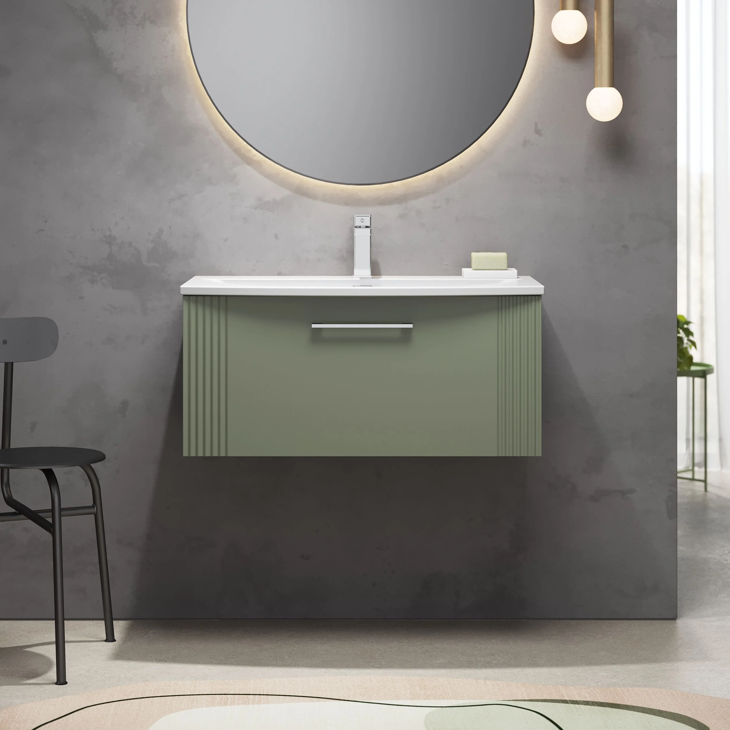 Partial Fluted 1 Drawer Wall Hung Vanity Unit with 1 Tap Hole Curved Basin- 800mm - Satin Green - Image 2