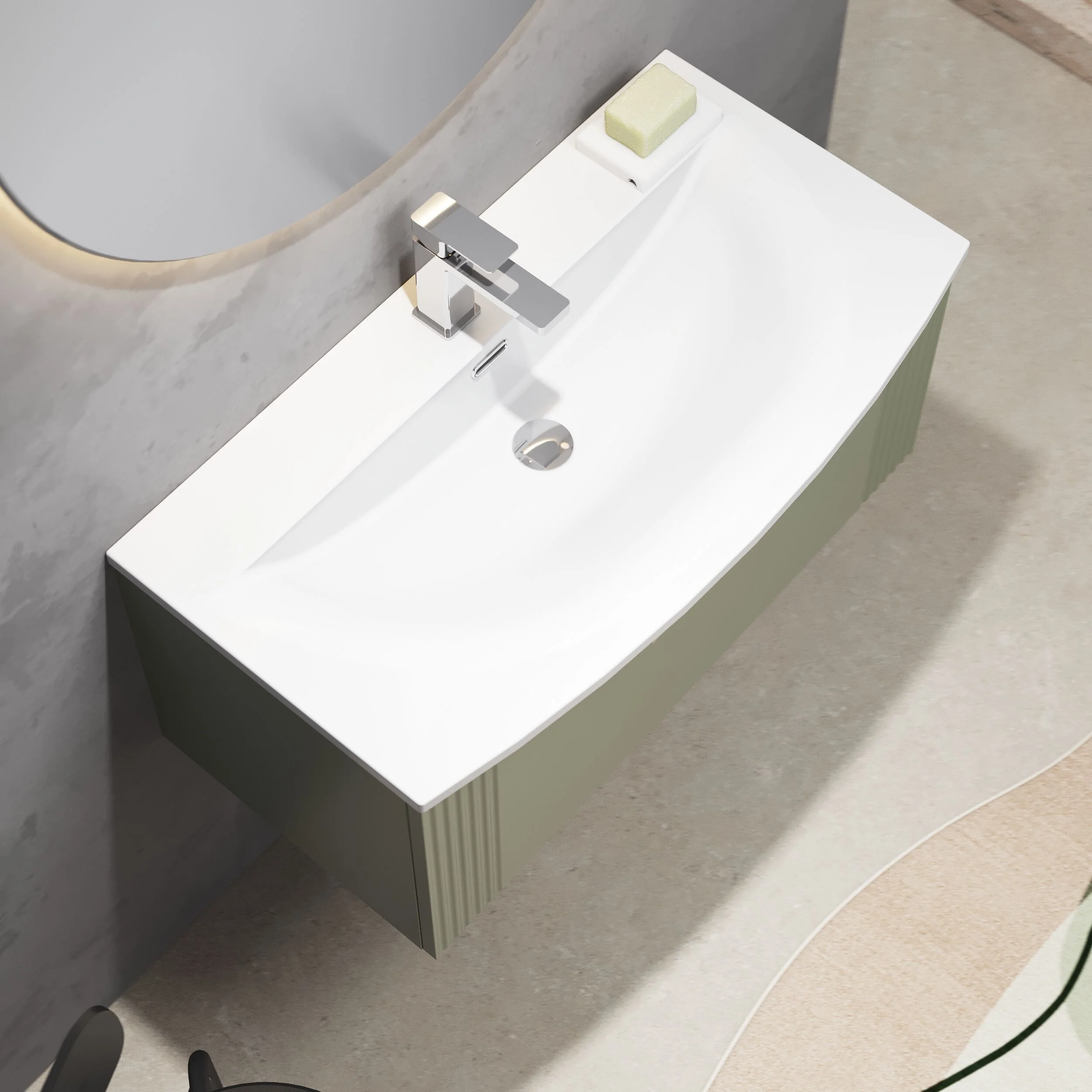 Partial Fluted 1 Drawer Wall Hung Vanity Unit with 1 Tap Hole Curved Basin- 800mm - Satin Green - Image 3