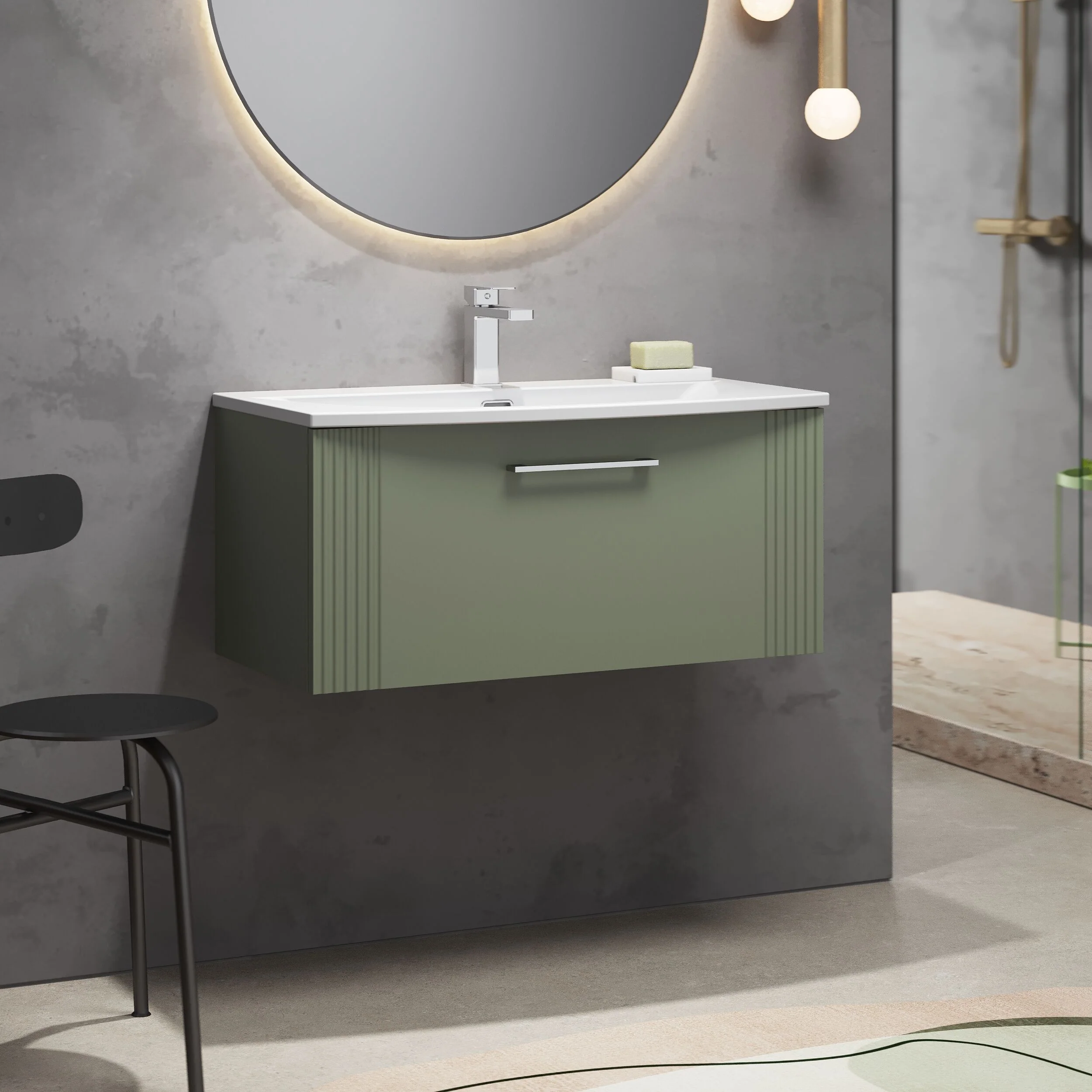 Partial Fluted 1 Drawer Wall Hung Vanity Unit with 1 Tap Hole Curved Basin- 800mm - Satin Green - Image 4