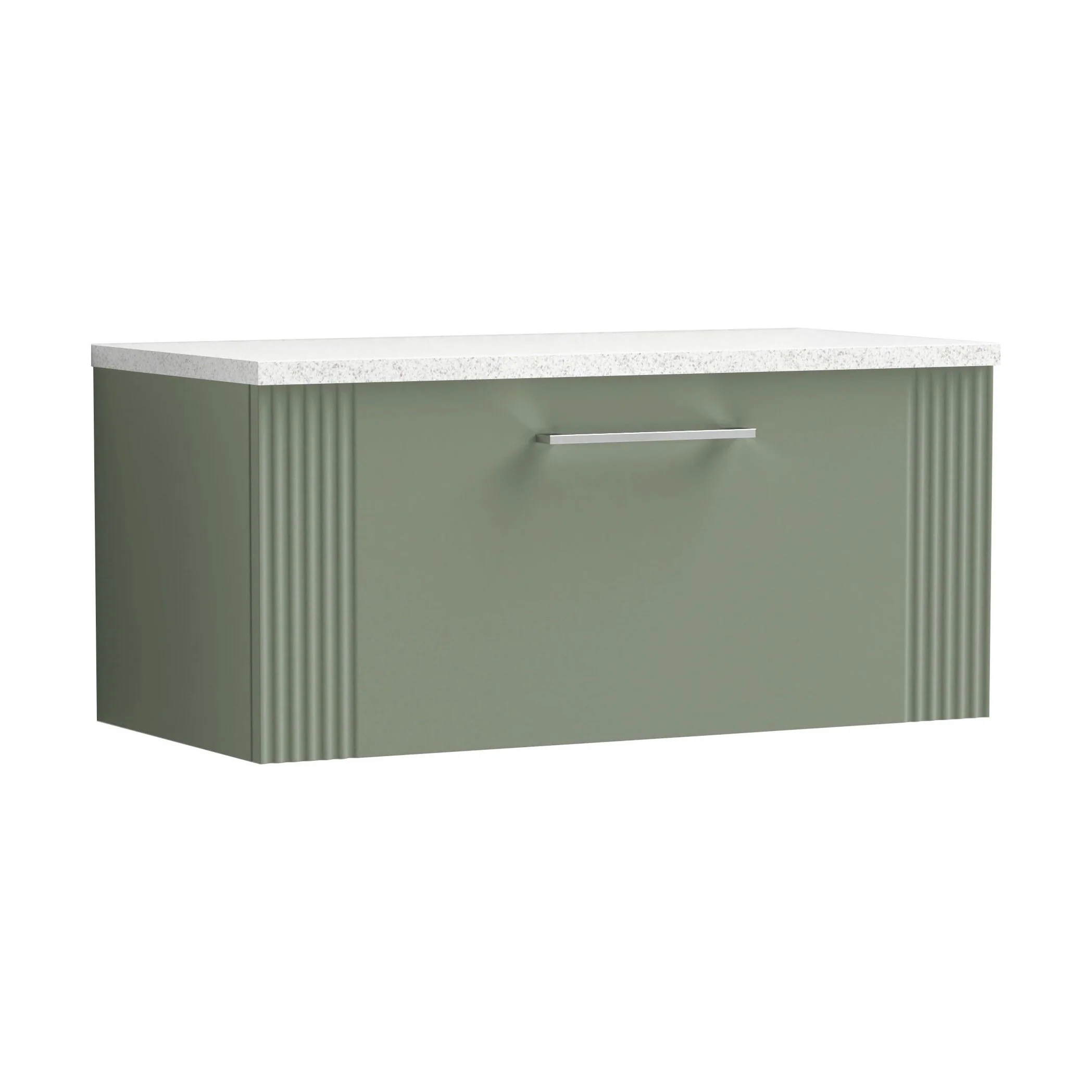 Partial Fluted 1 Drawer Wall Hung Vanity Unit with Sparkling White Laminate Worktop - 800mm - Satin Green