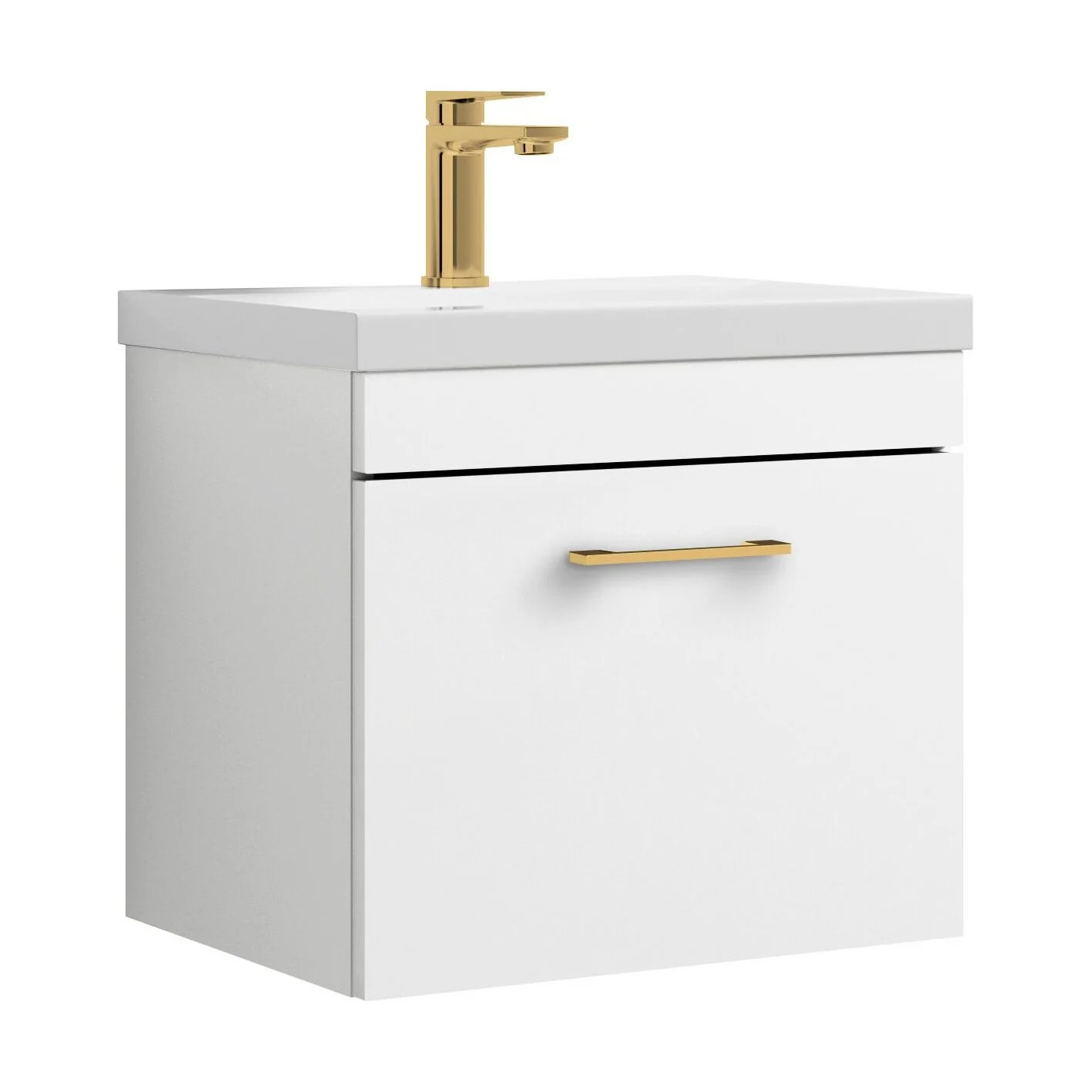 Rio 1 Drawer Wall Hung Vanity Basin Unit - 500mm - Gloss White with Brushed Brass D-shaped handle (Tap Not Included)