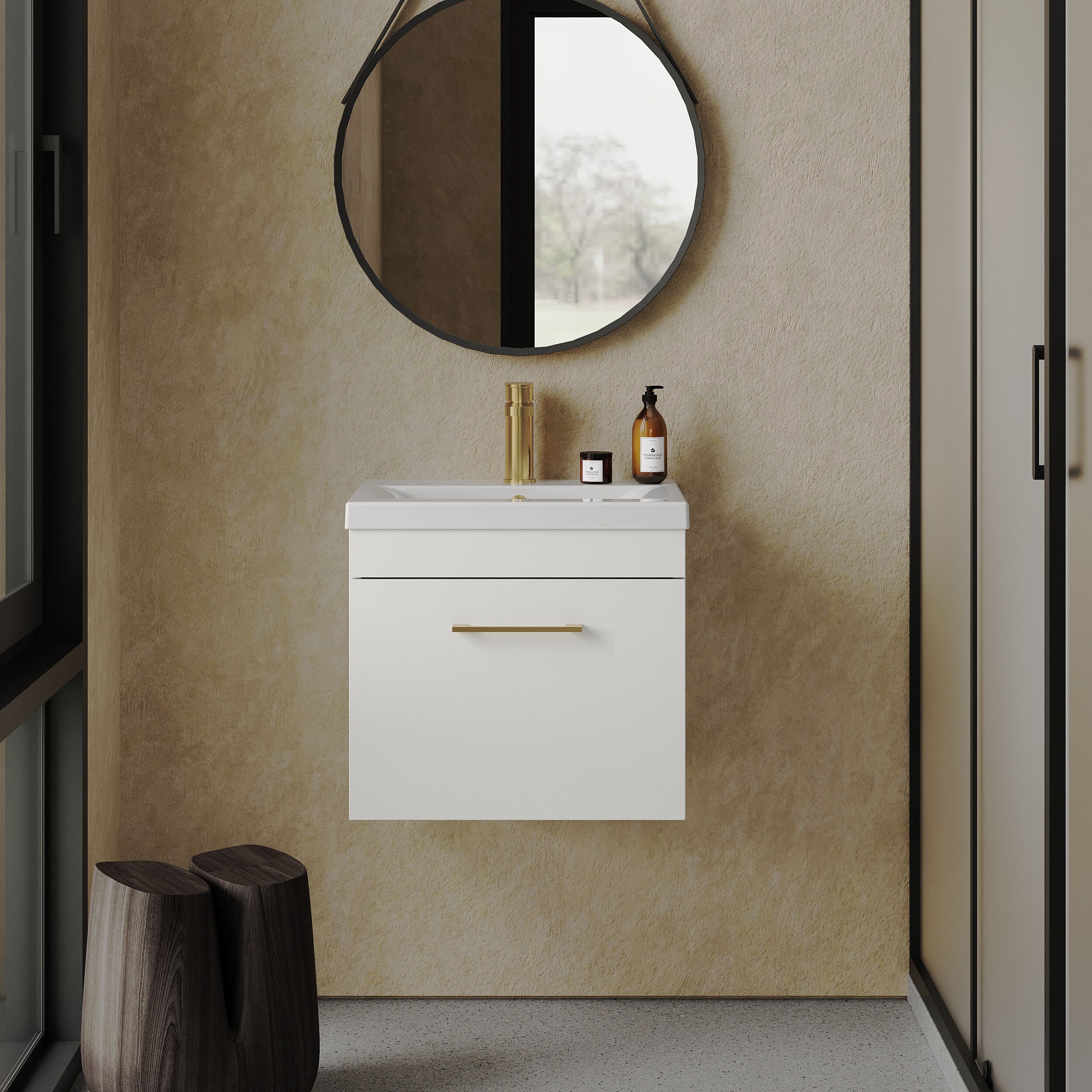 Rio 1 Drawer Wall Hung Vanity Basin Unit - 500mm - Gloss White with Brushed Brass D-shaped handle (Tap Not Included) - Image 2