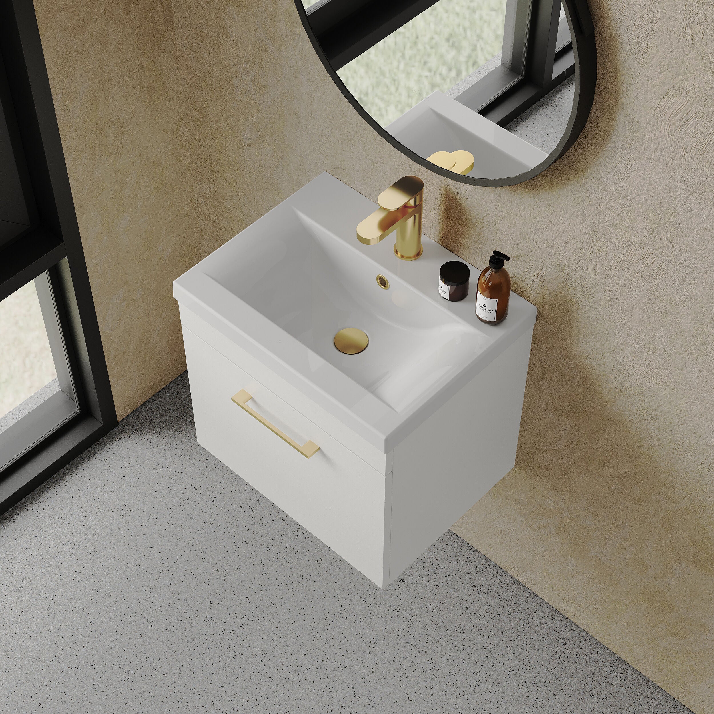Rio 1 Drawer Wall Hung Vanity Basin Unit - 500mm - Gloss White with Brushed Brass D-shaped handle (Tap Not Included) - Image 3