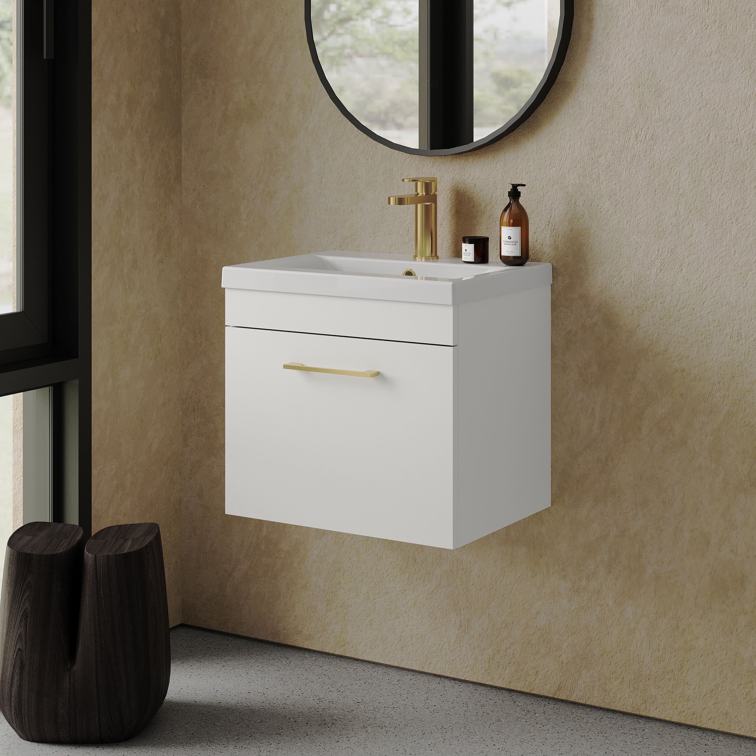 Rio 1 Drawer Wall Hung Vanity Basin Unit - 500mm - Gloss White with Brushed Brass D-shaped handle (Tap Not Included) - Image 4