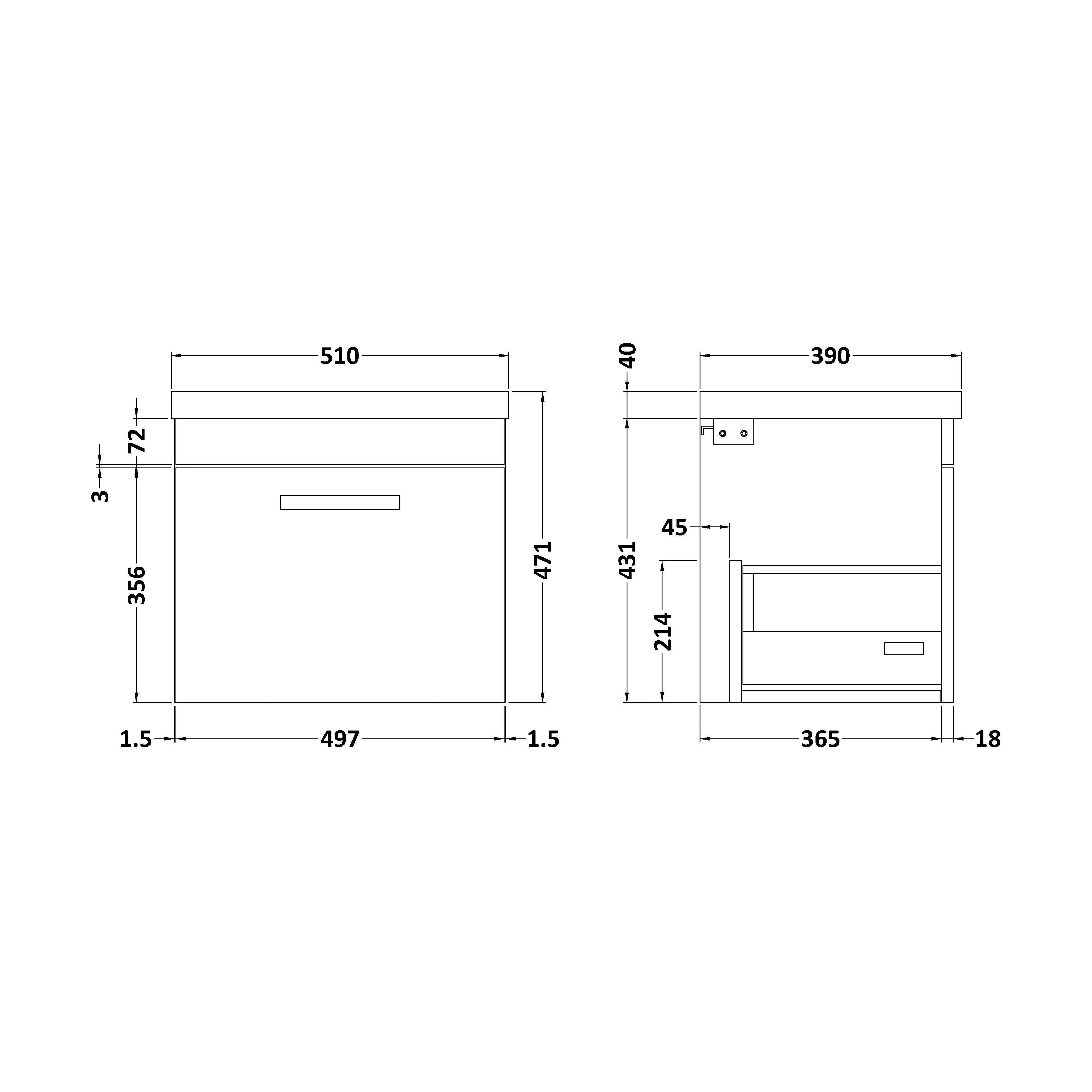 Rio 1 Drawer Wall Hung Vanity Basin Unit - 500mm - Gloss White with Brushed Brass D-shaped handle (Tap Not Included) - Image 5