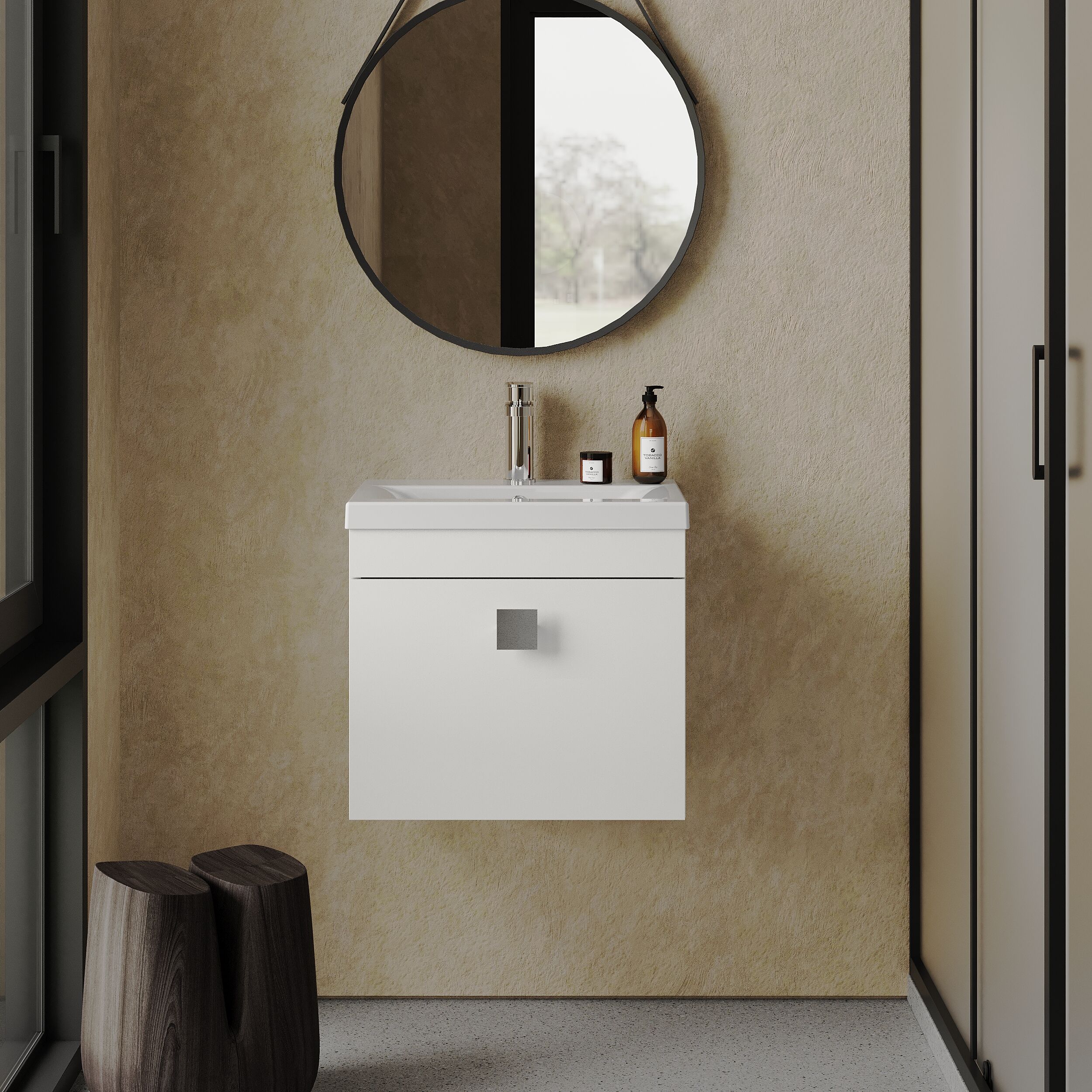 Rio 1 Drawer Wall Hung Vanity Basin Unit - 500mm - Gloss White with Chrome Square Handle (Tap Not Included) - Image 2