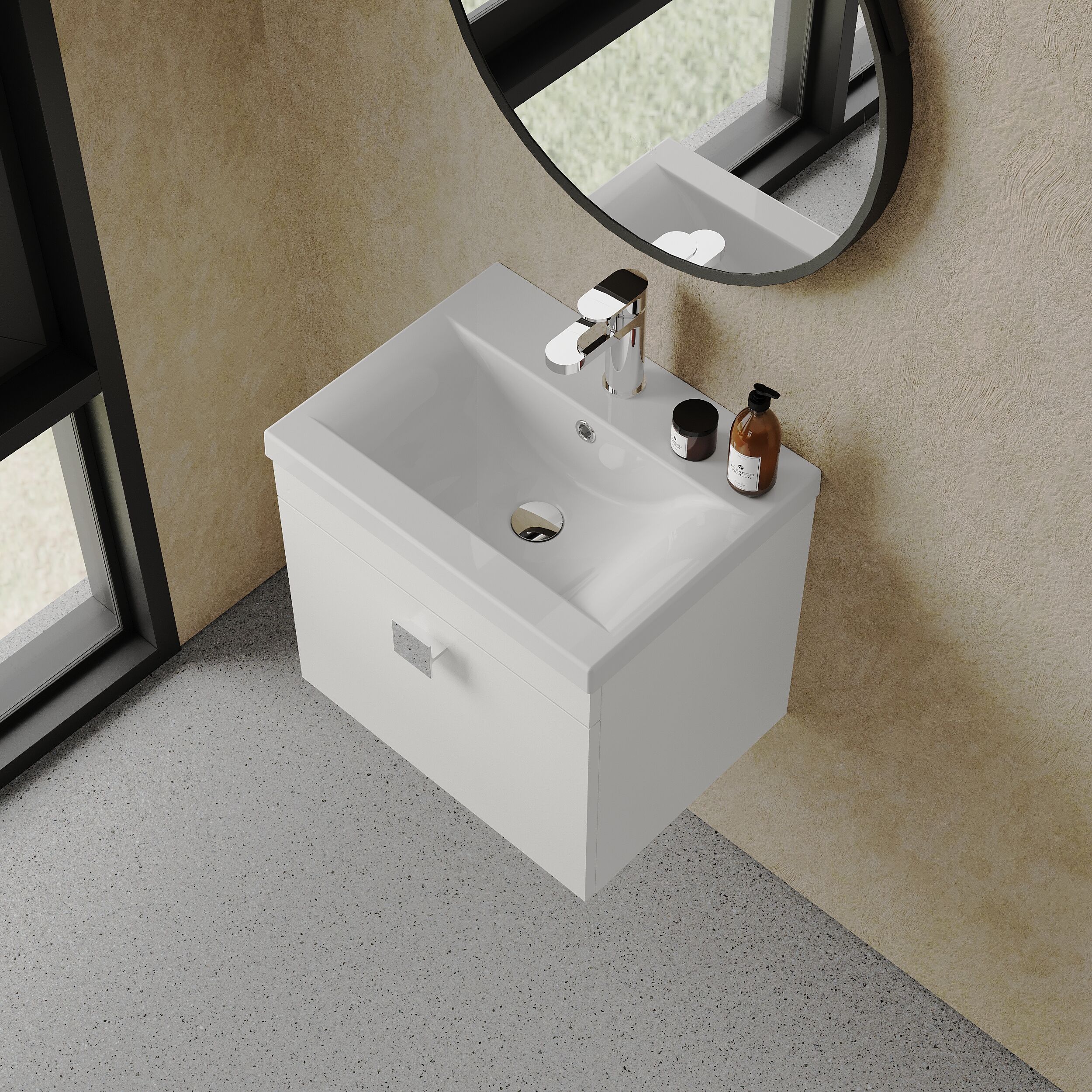 Rio 1 Drawer Wall Hung Vanity Basin Unit - 500mm - Gloss White with Chrome Square Handle (Tap Not Included) - Image 3