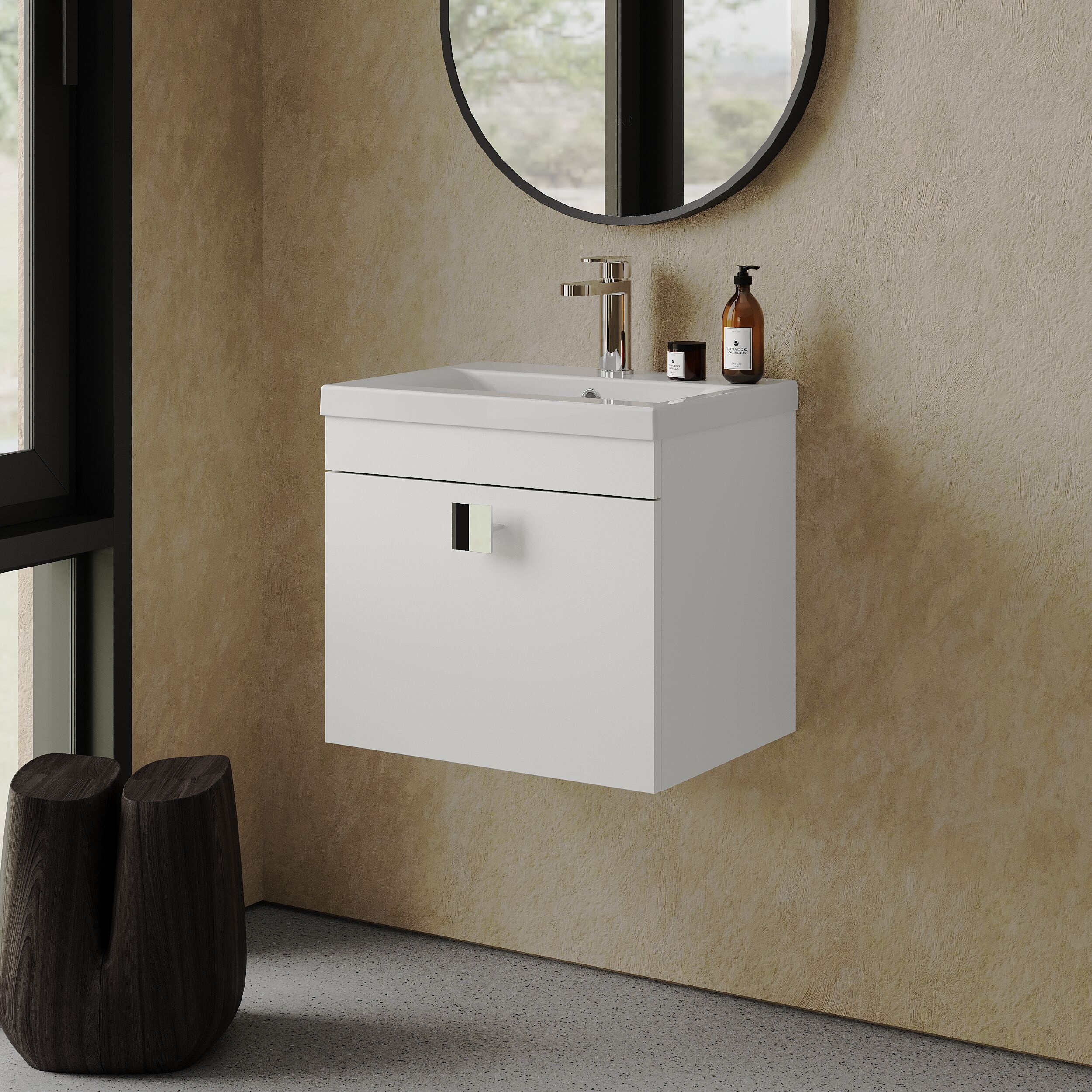 Rio 1 Drawer Wall Hung Vanity Basin Unit - 500mm - Gloss White with Chrome Square Handle (Tap Not Included) - Image 4