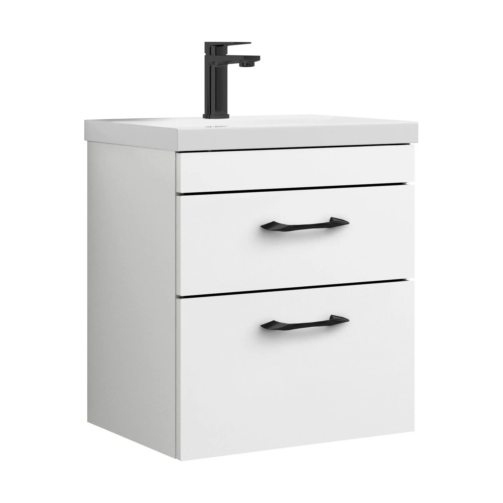 Rio 2 Drawer Wall Hung Vanity Basin Unit - 500mm - Gloss White with Black D-shaped handles (Tap Not Included) - Balterley