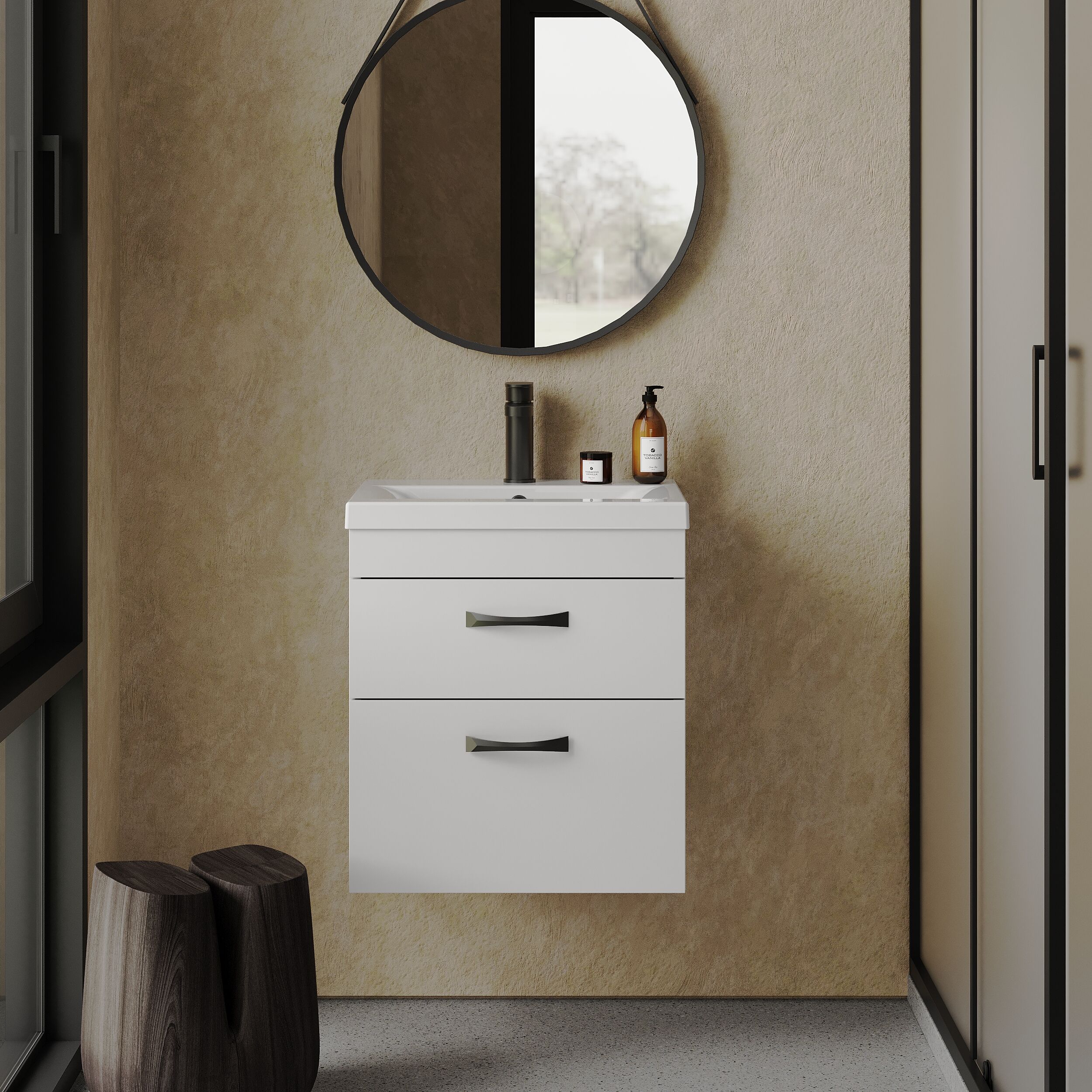 Rio 2 Drawer Wall Hung Vanity Basin Unit - 500mm - Gloss White with Black D-shaped handles (Tap Not Included) - Balterley - Image 2